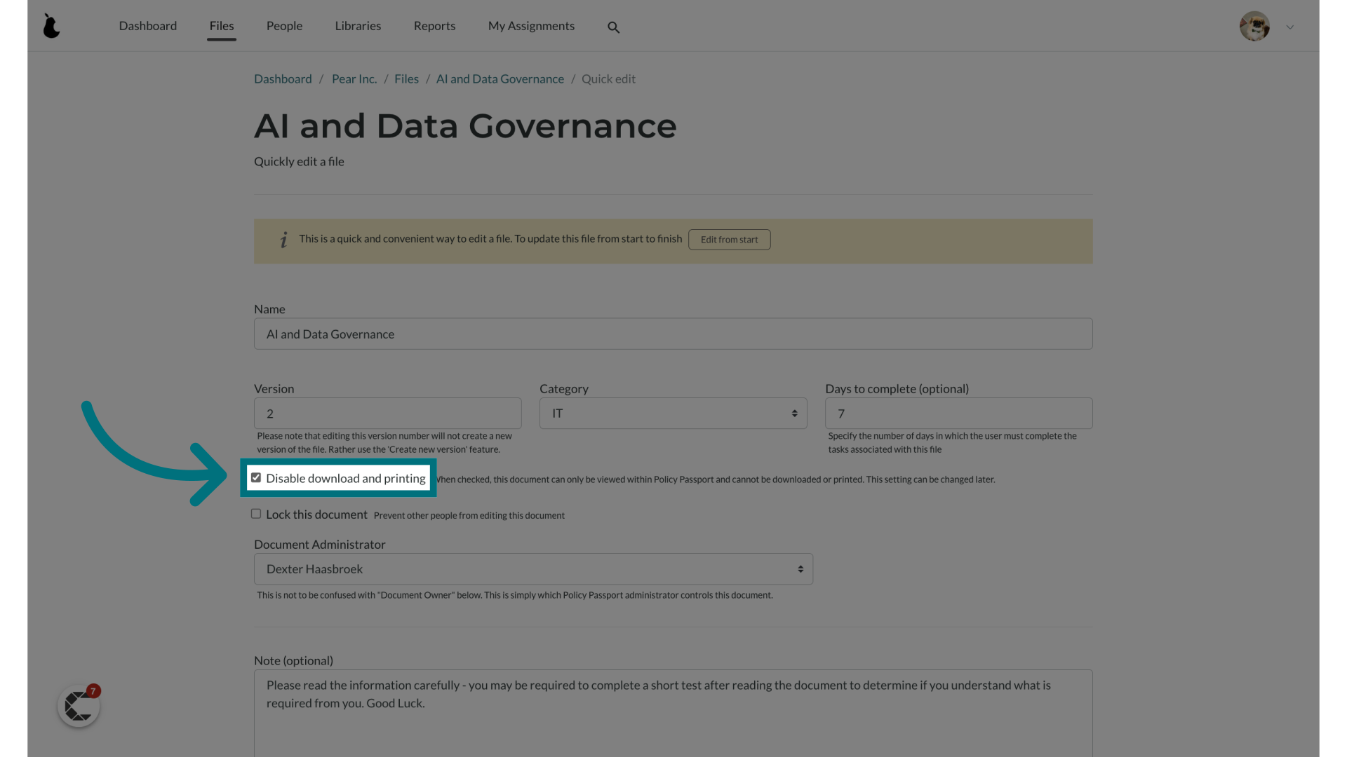 Select the checkbox labeled 'Disable download and printing'