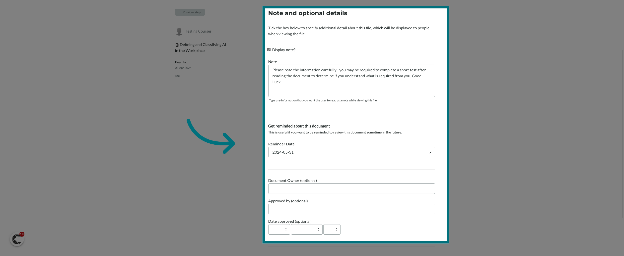 Optionally, update the display note, reminder date and document owner