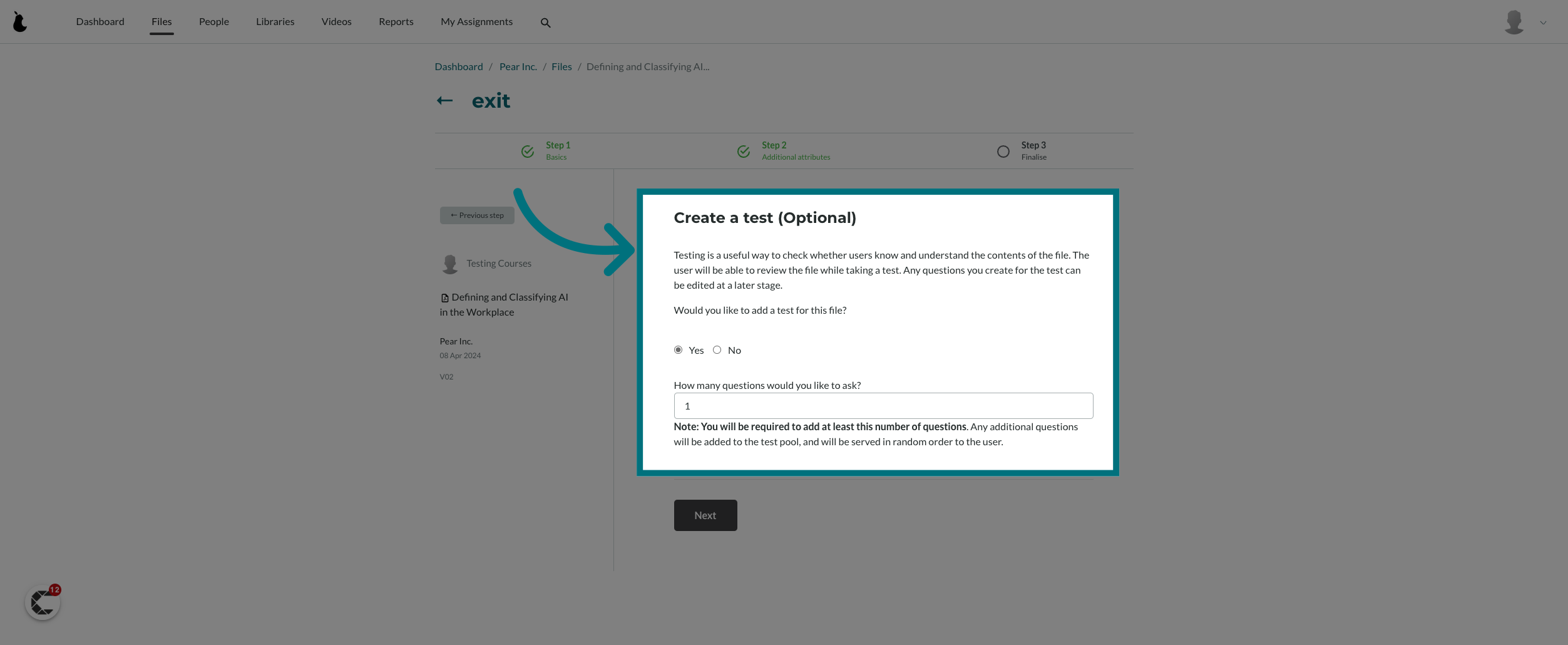 Optionally, update the number of questions asked in the test