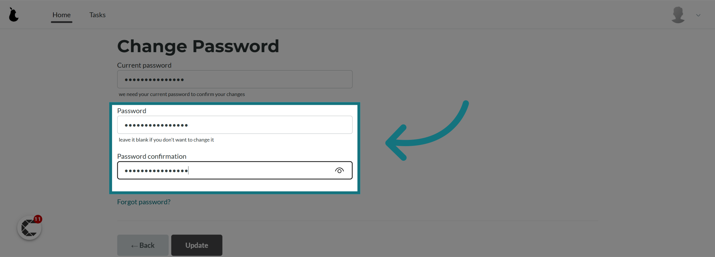 Enter in your new password twice