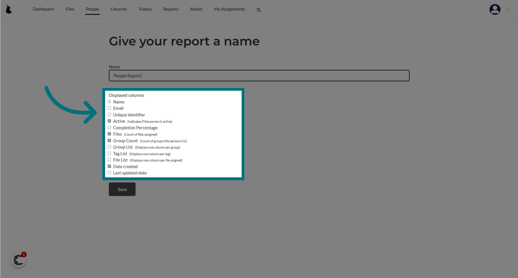 Tick the data you want to display in the report