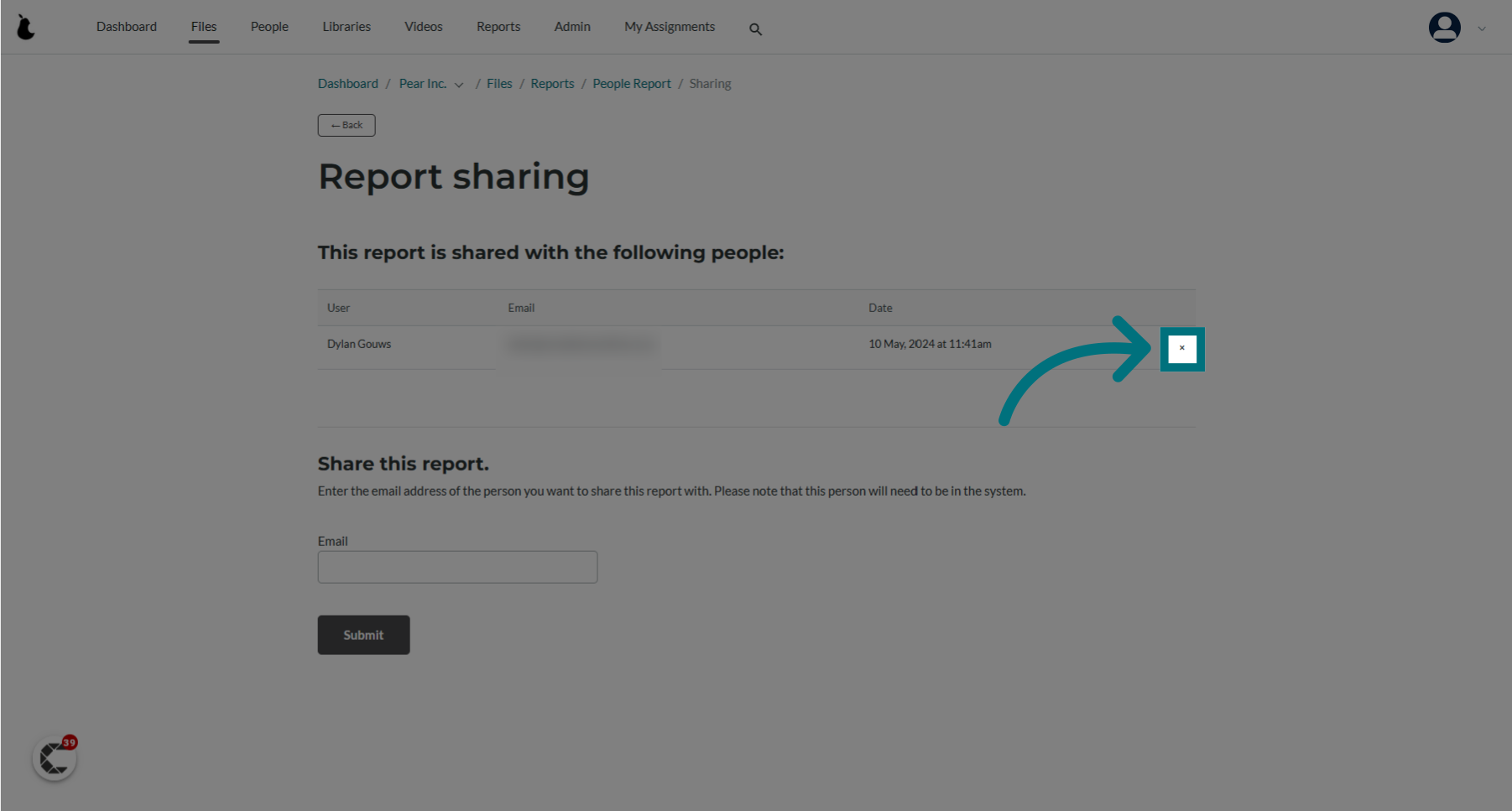 Click the cross button if you want to stop sharing a report with a user