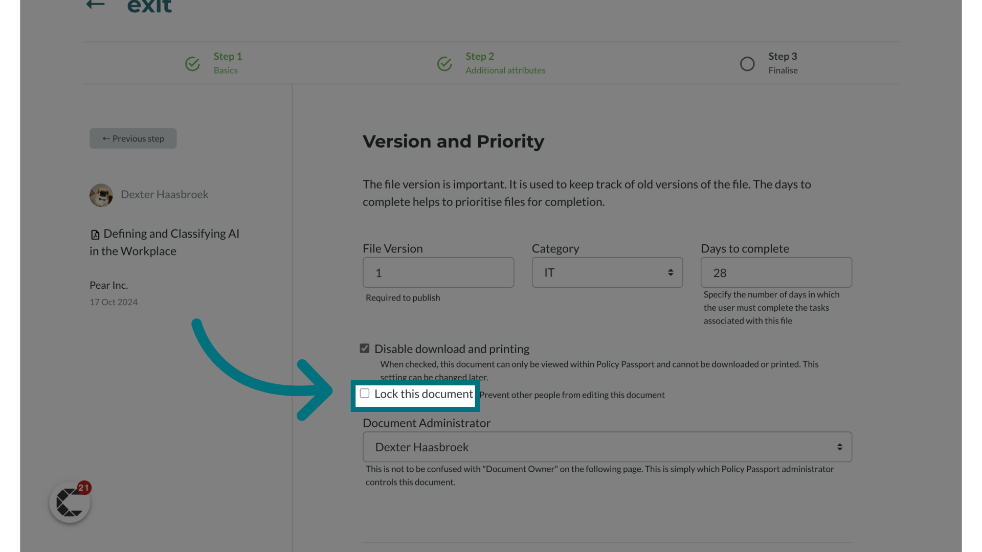 Optional: Enable 'Lock this document'