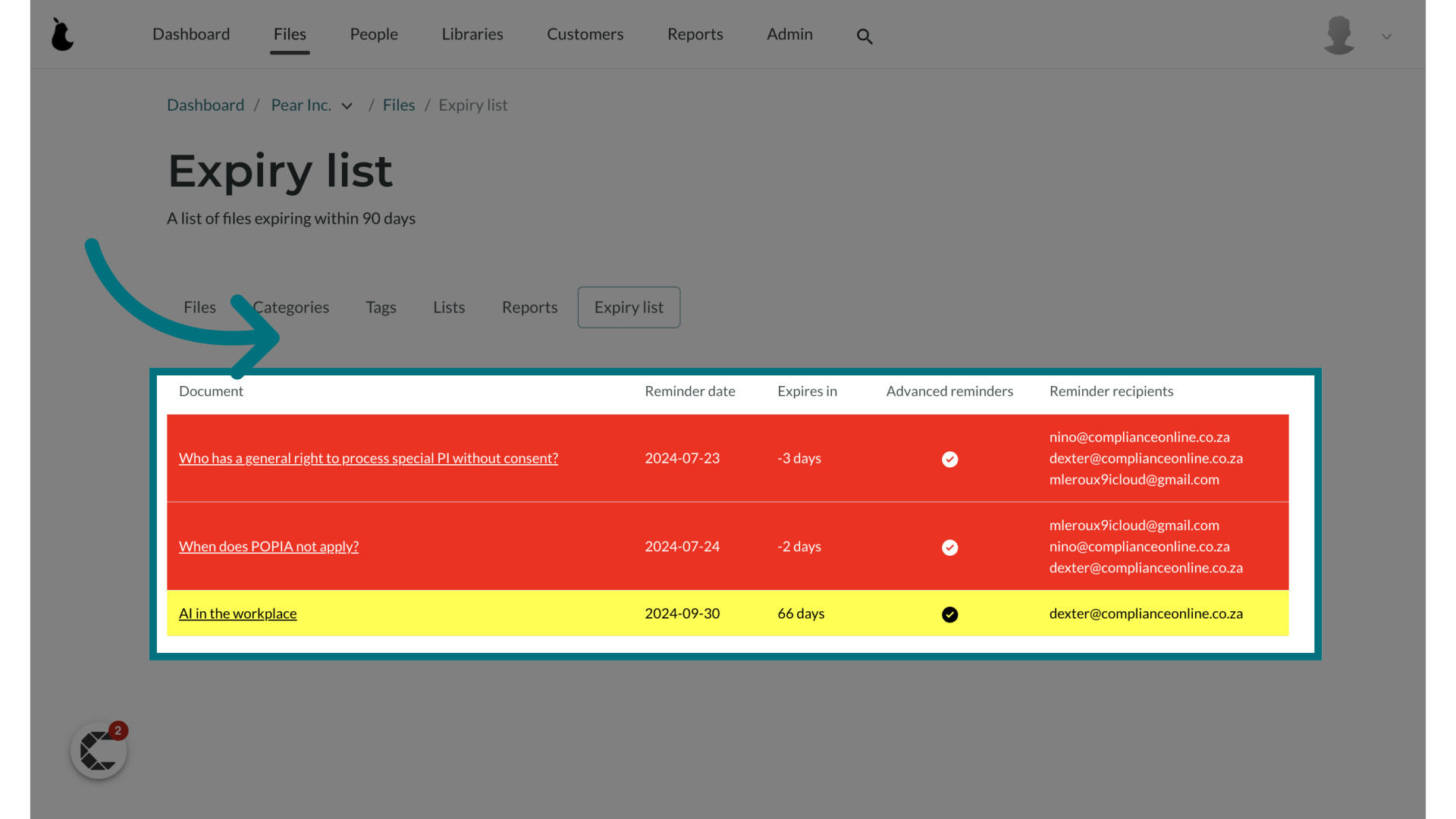 Here you can view the expiry dates for all your documents with advanced reminders