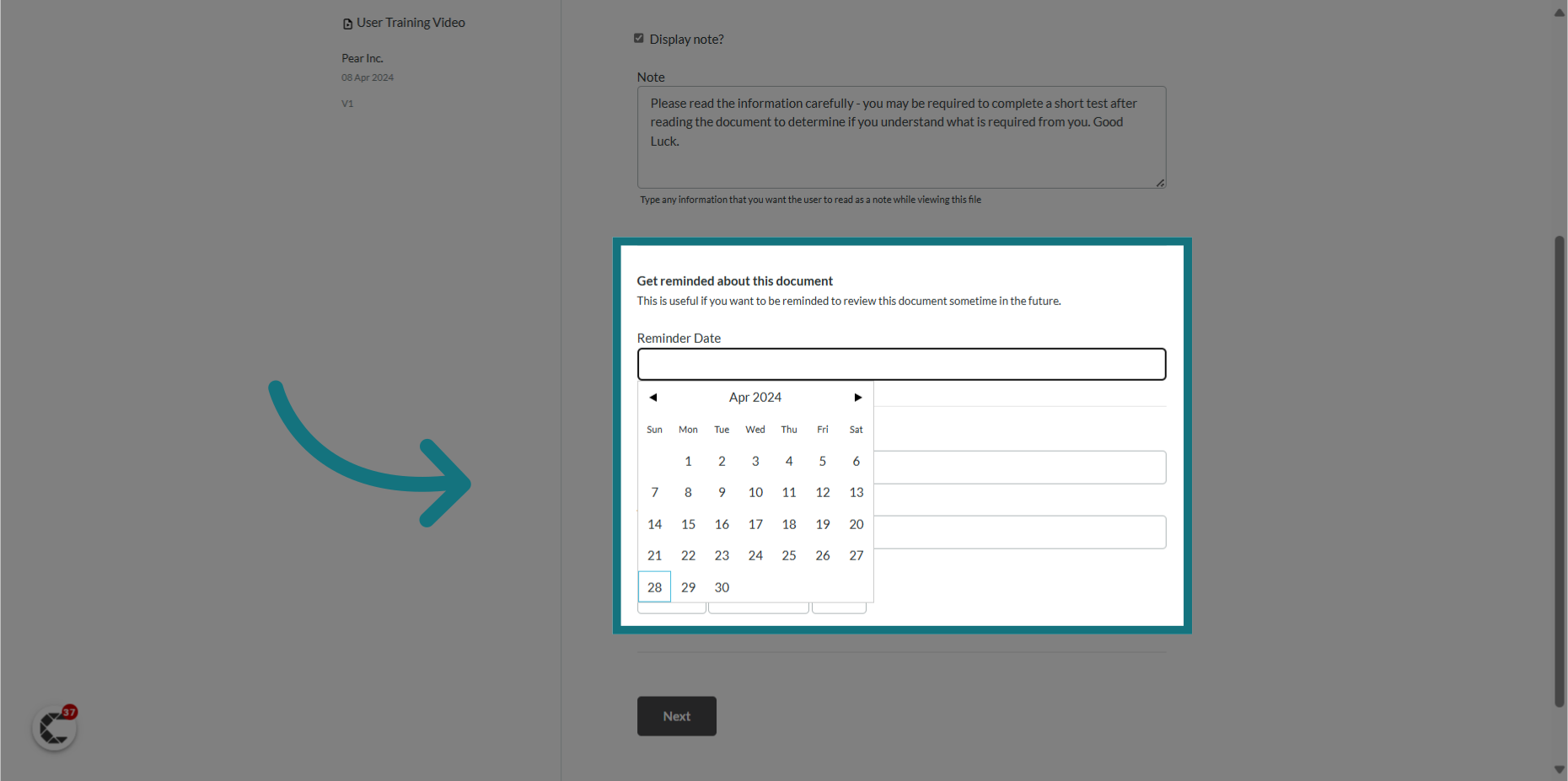 Optionally, click on 'Reminder Date' and choose a date