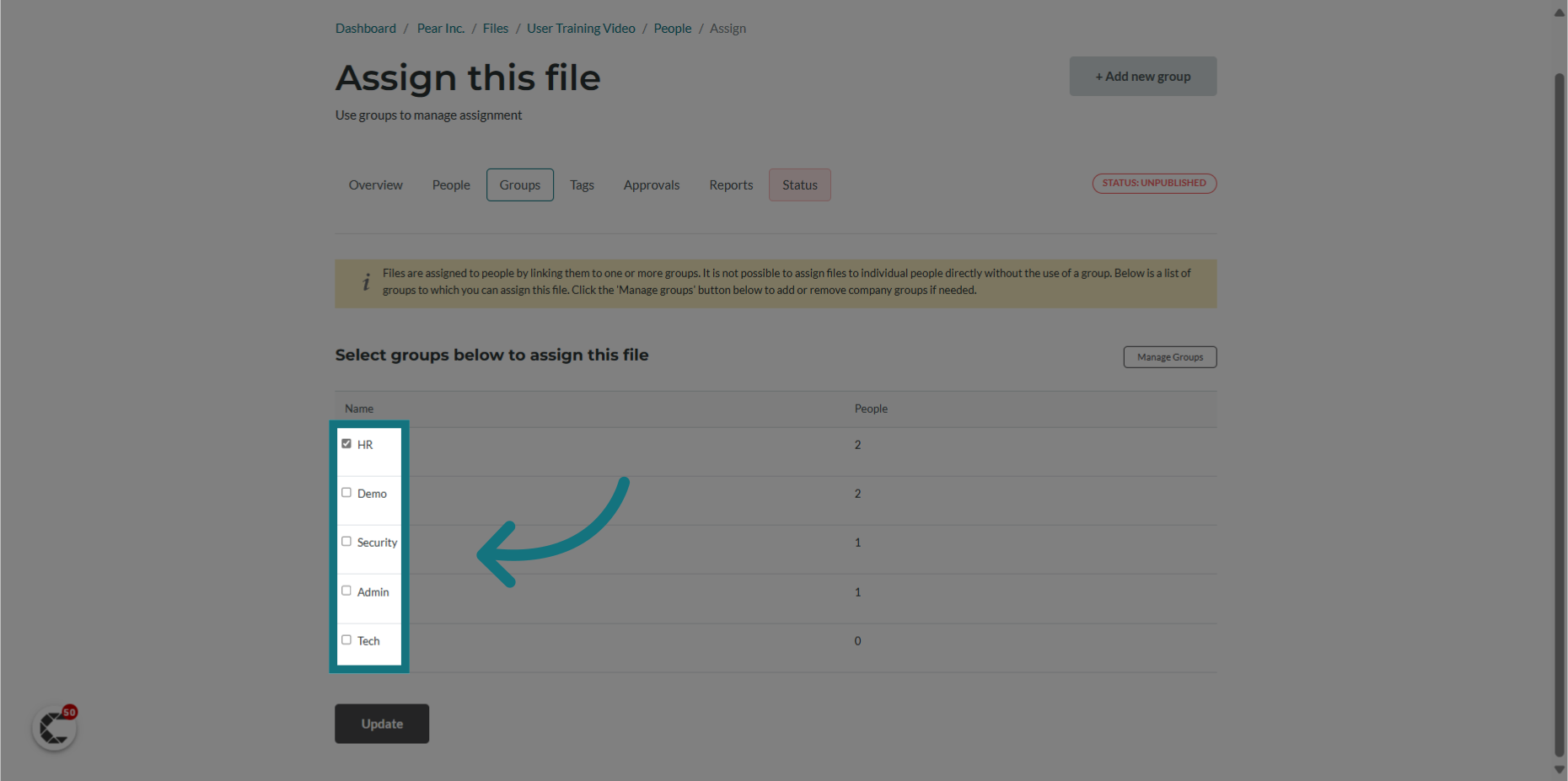 Choose which group(s) to assign the file to