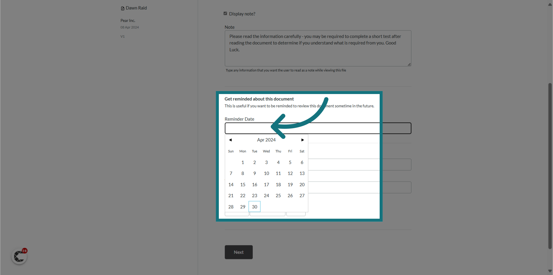 Optionally, click 'Reminder Date' and choose a date