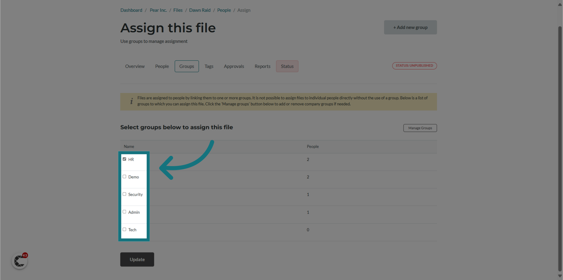 Choose which group(s) to assign the file to