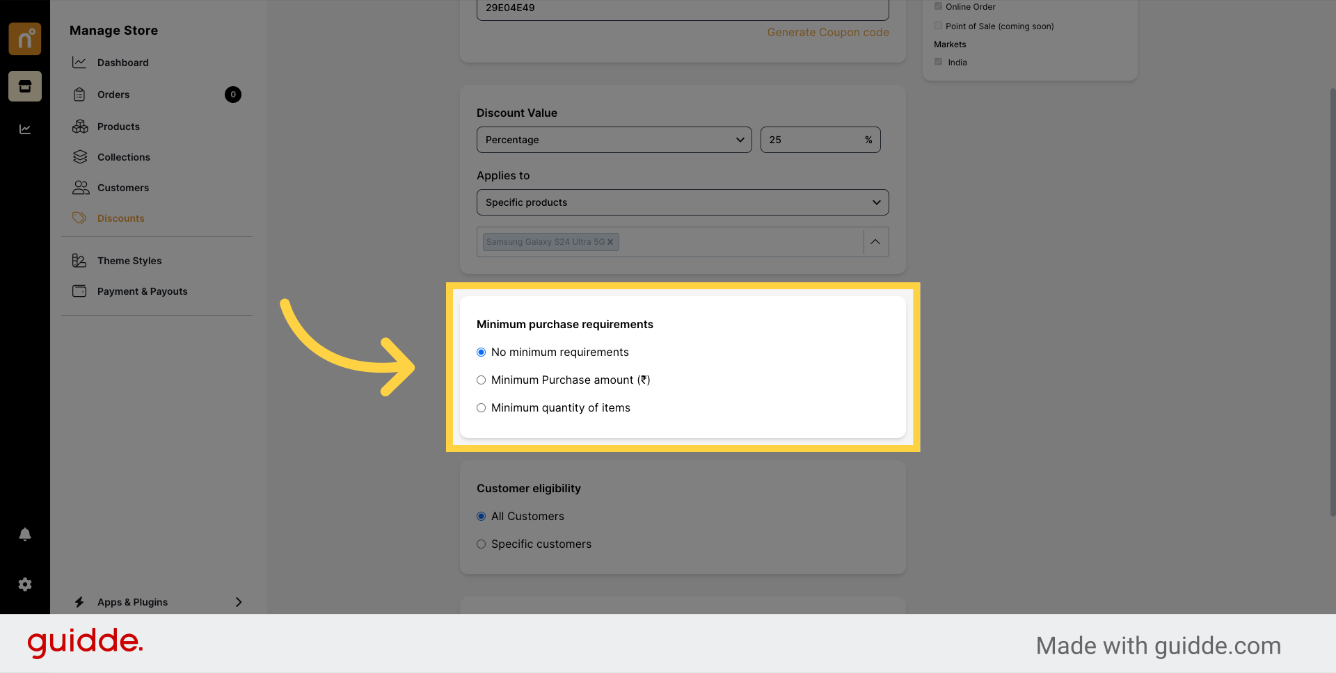 Click 'Minimum purchase requirements
                            
                                
                                No minimum requirements
                            
                      ...'