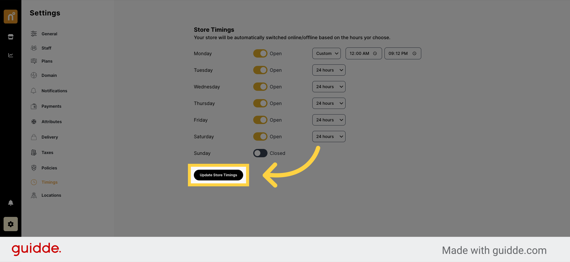 Click 'Update Store Timings




    .loader {
        border: 2px solid #c2c2c2; /* Light grey */
        border-top: 2px solid #000000; /* Blue */
        border-radius: 50%;
        width: 20px!important;
        height: 20px!important;
        animation: spin 2s linear infinite;
    }

    @keyframes spin {
        0% { transform: rotate(0deg); }
        100% { transform: rotate(360deg); }
    }'