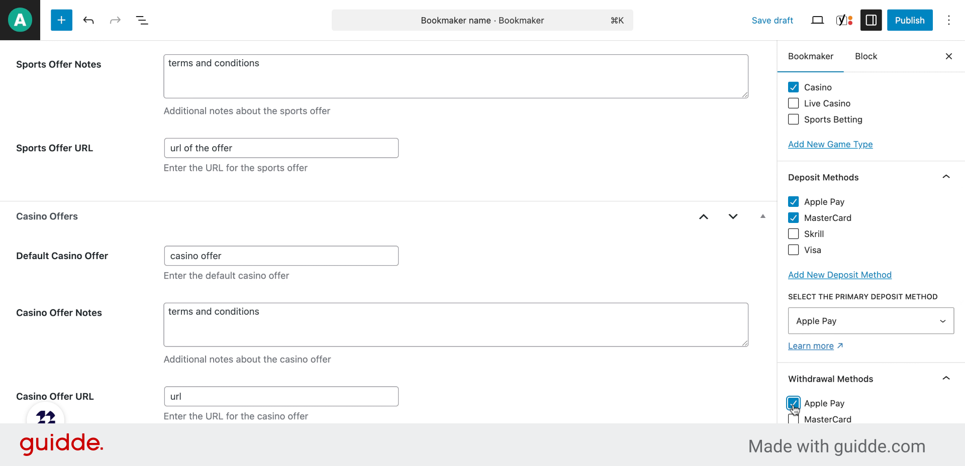 Select the withdrwal methods