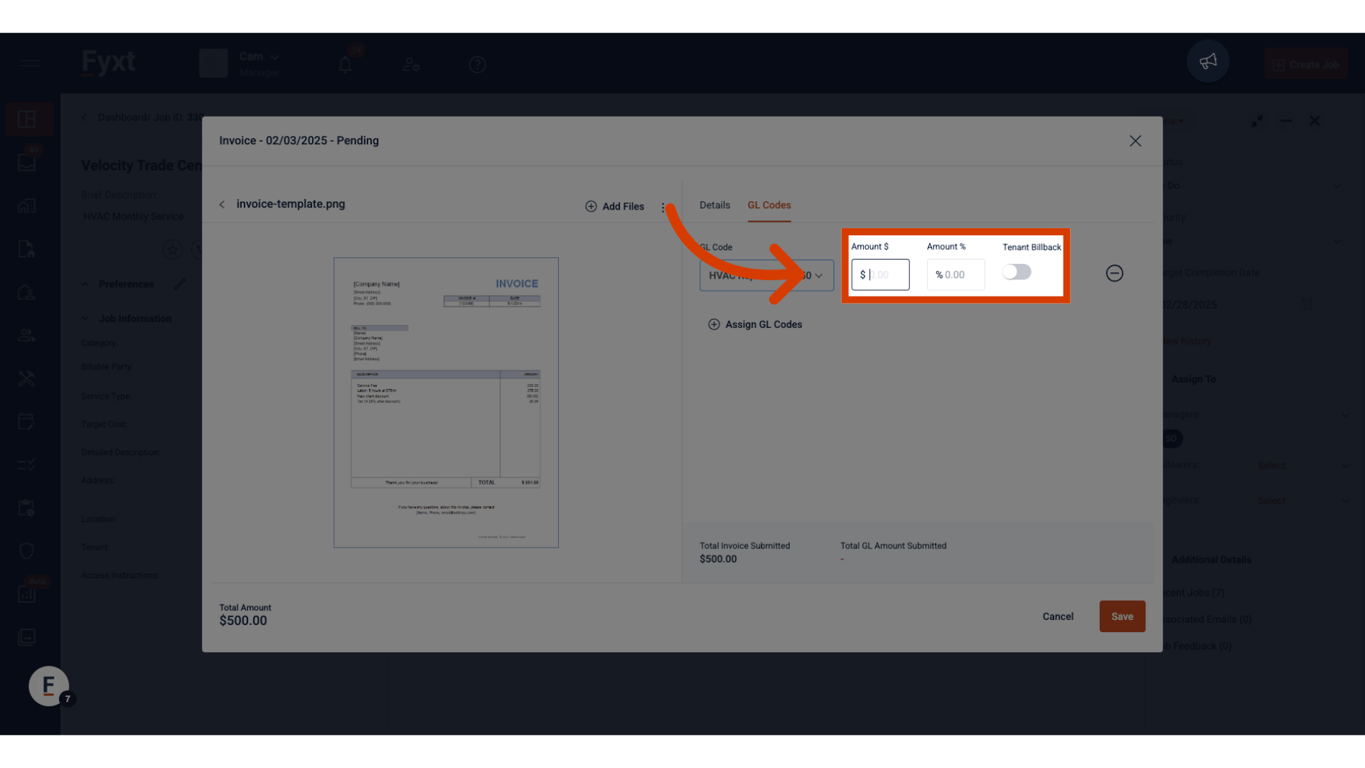 Enter an amount to allocate to the selected GL Code