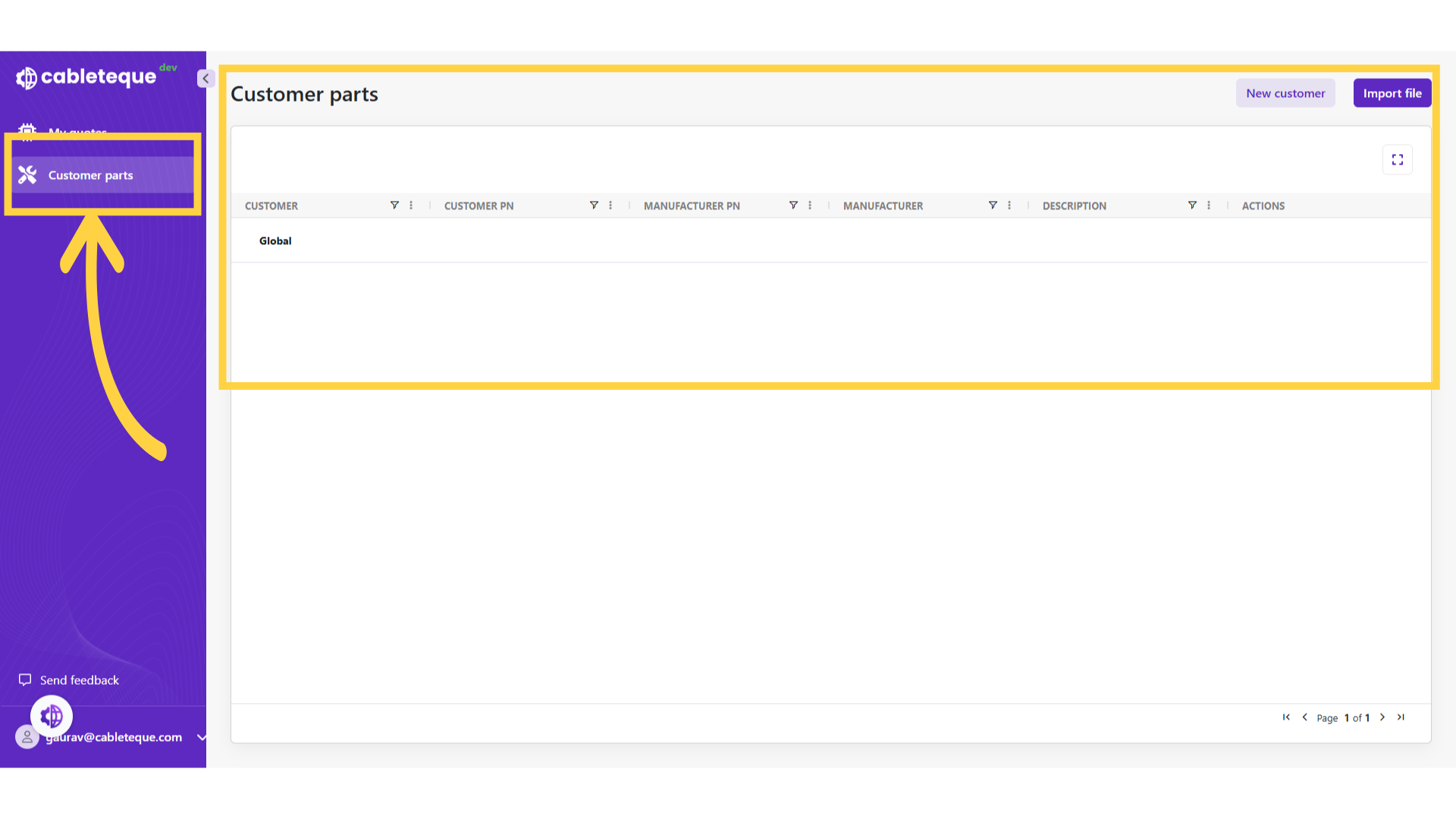 Click 'Customer parts'