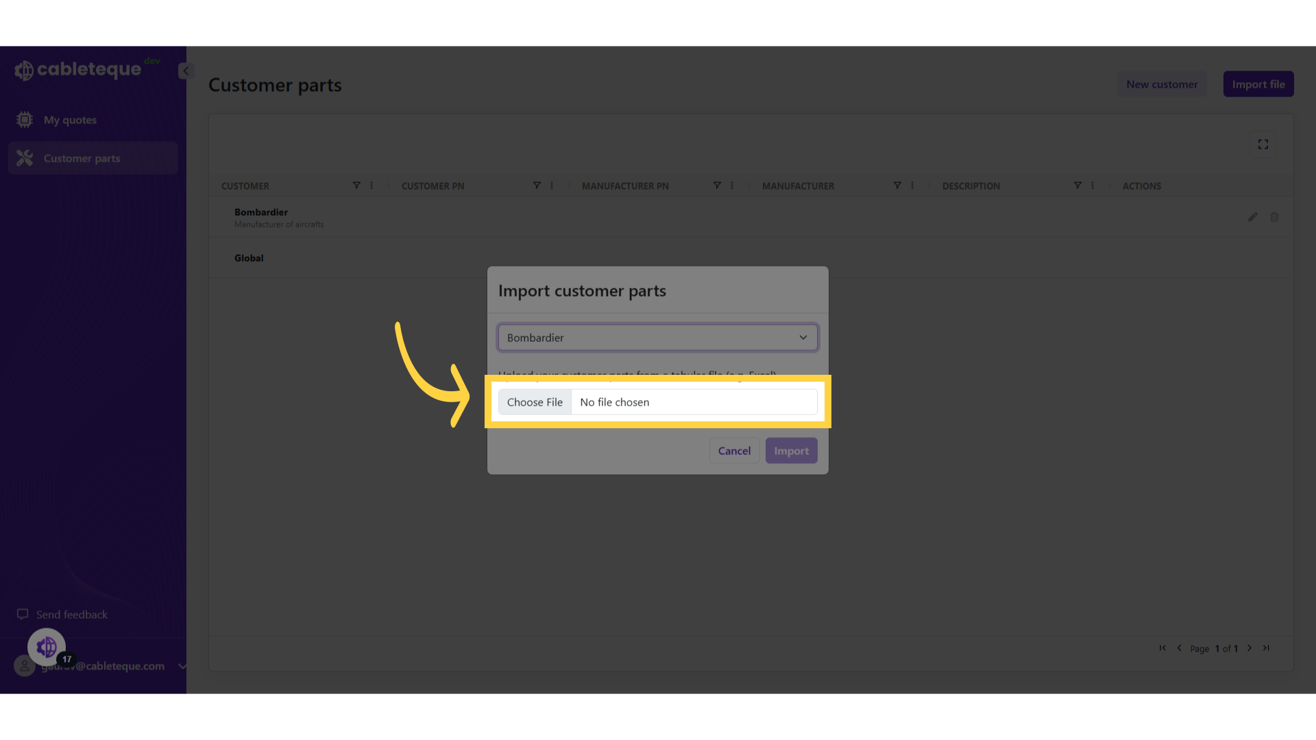 Click 'Choose file' to import file