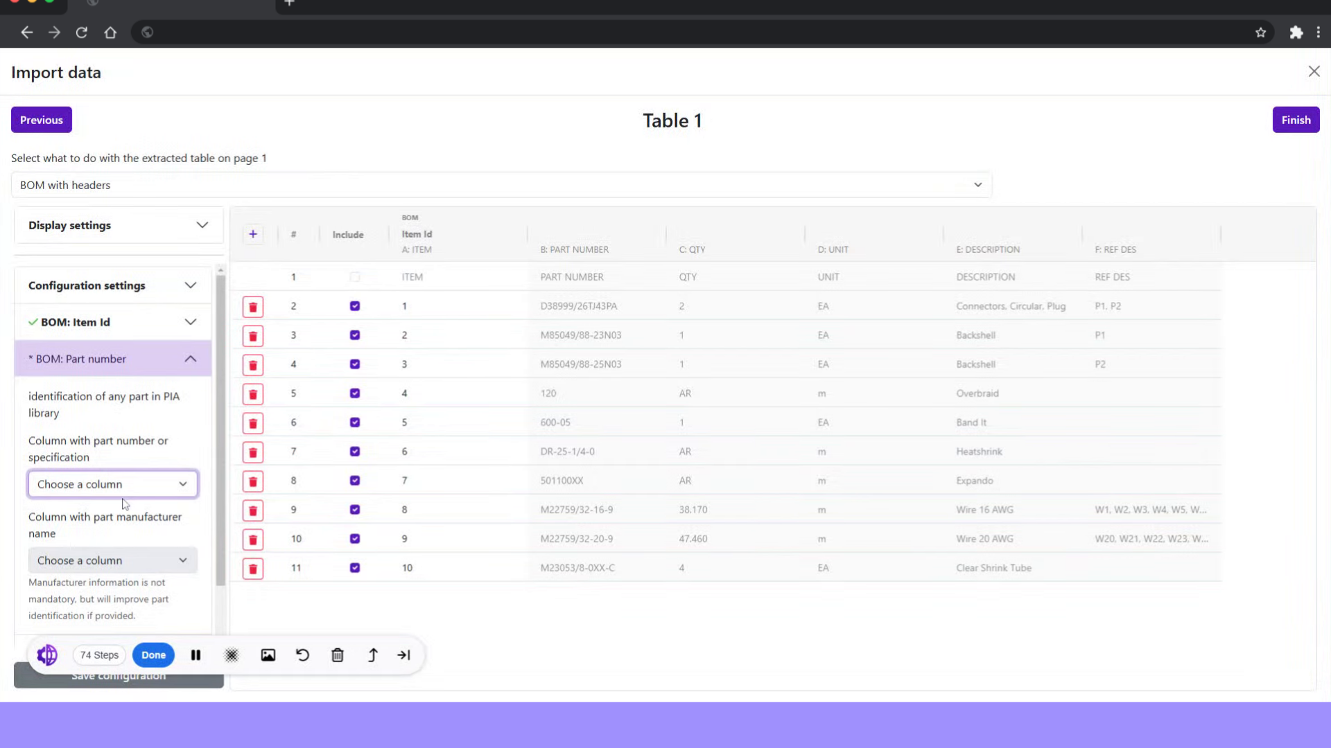 Select BOM part number column