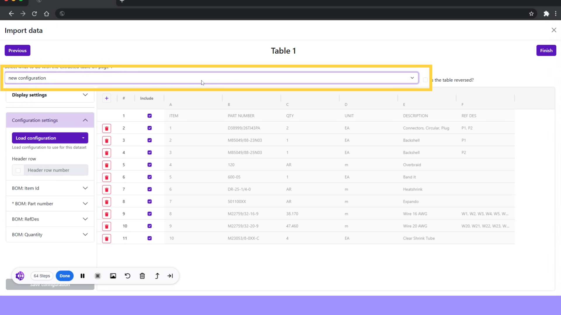 Imported BOM configuration