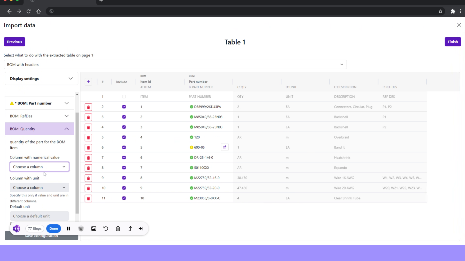 Select BOM quantity column