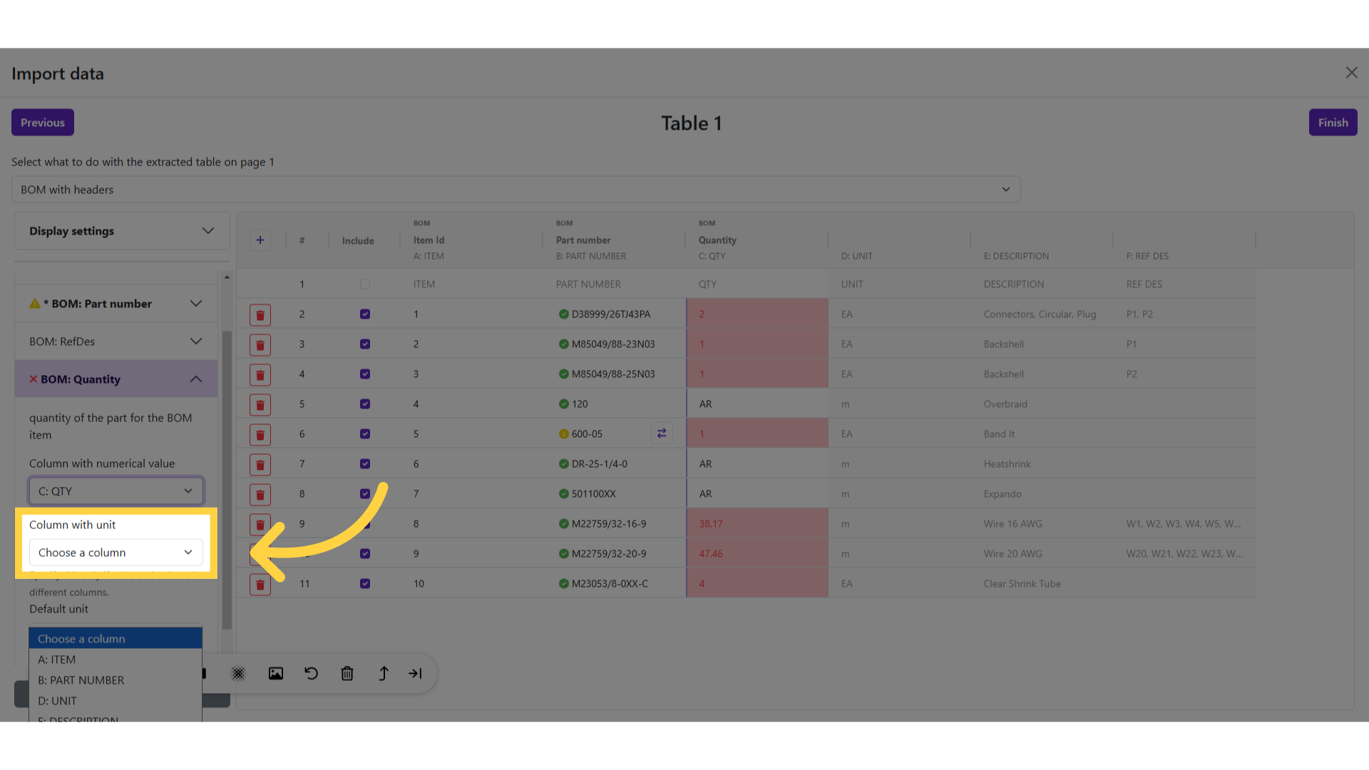 Click column with Unit of measure