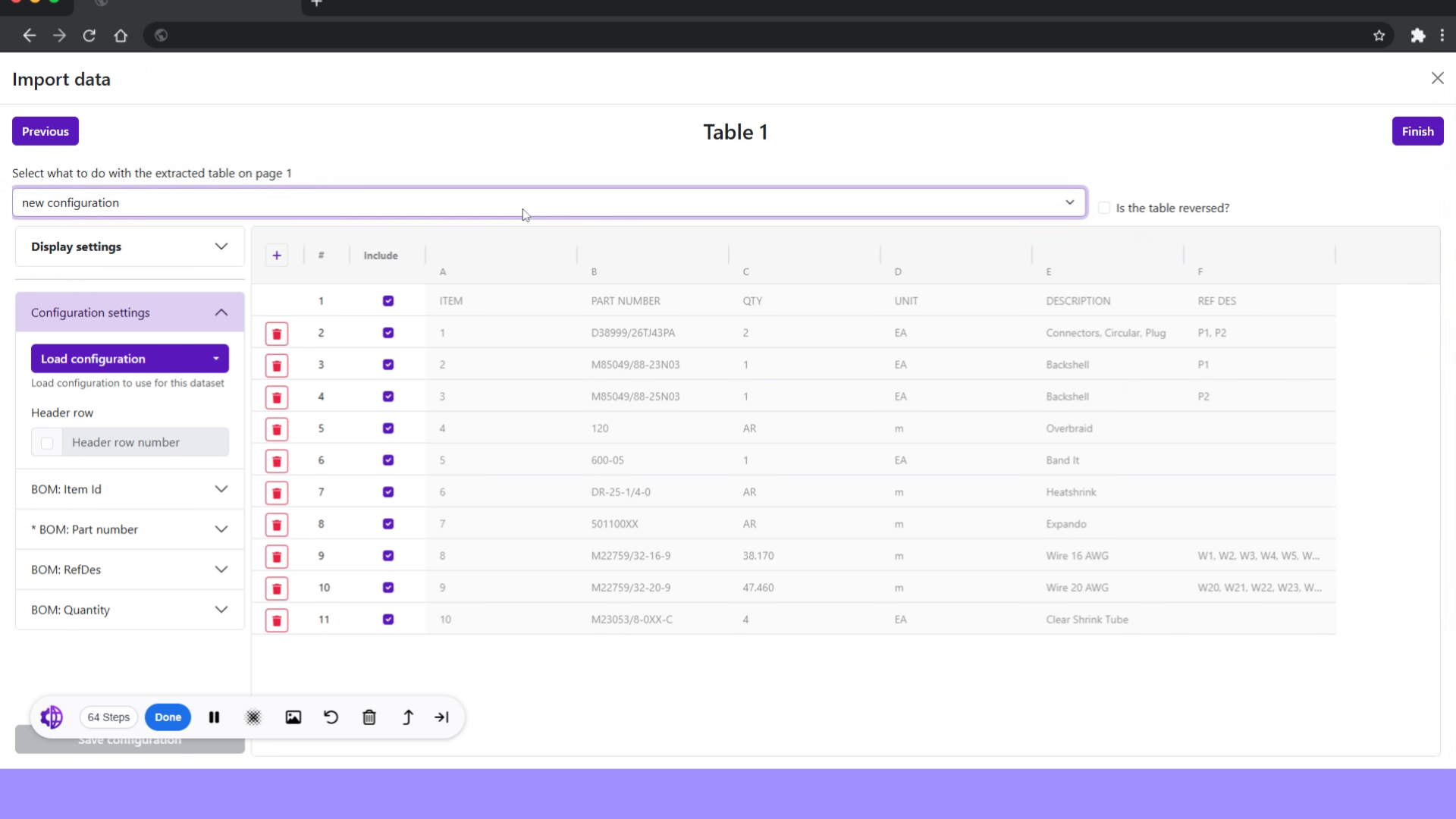 Imported BOM columns mapping