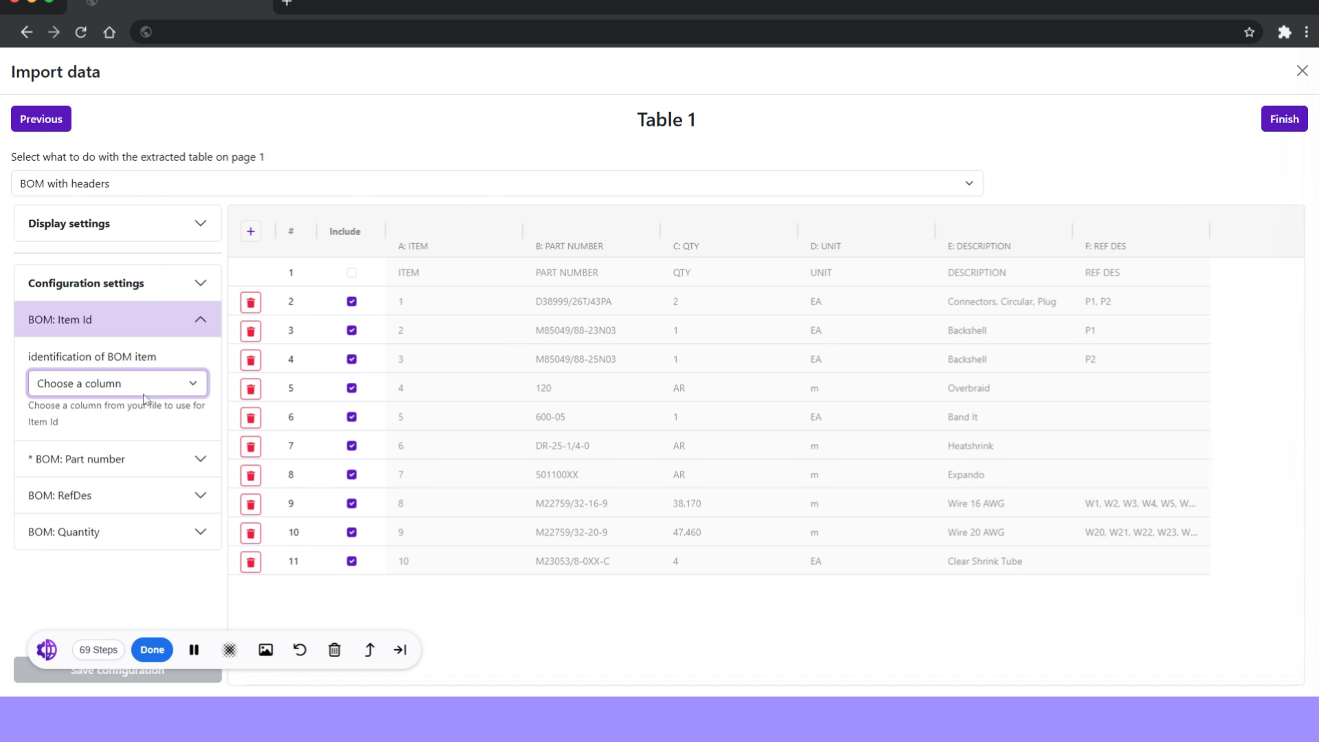 Select BOM item ID column