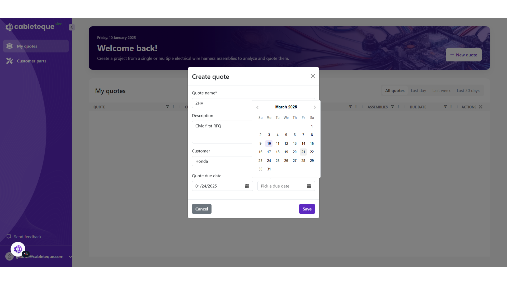 Pick delivery date for material