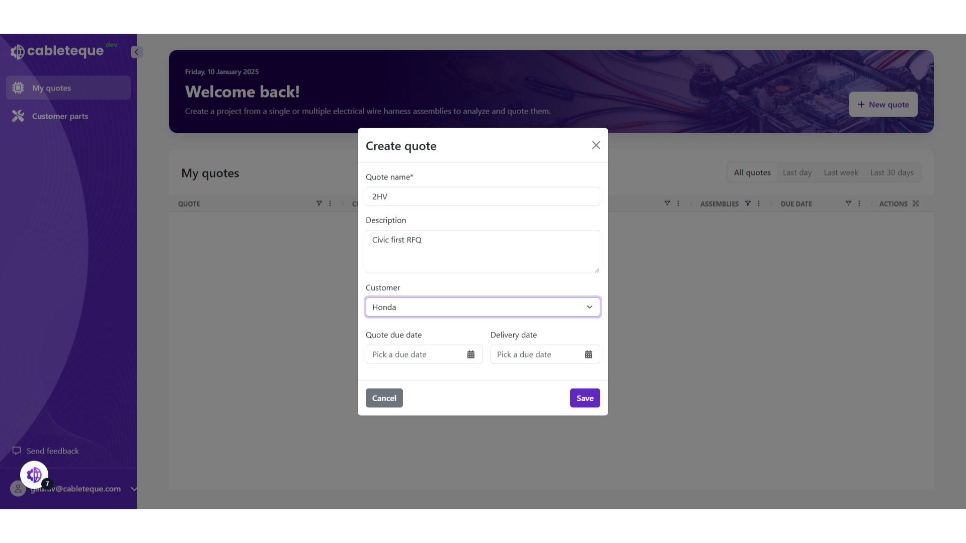 Select quote due date and material delivery date