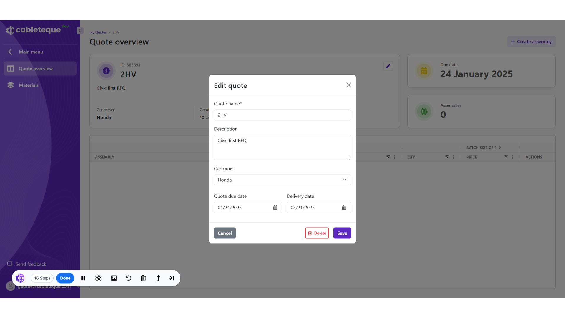 Edit quote dialogue box