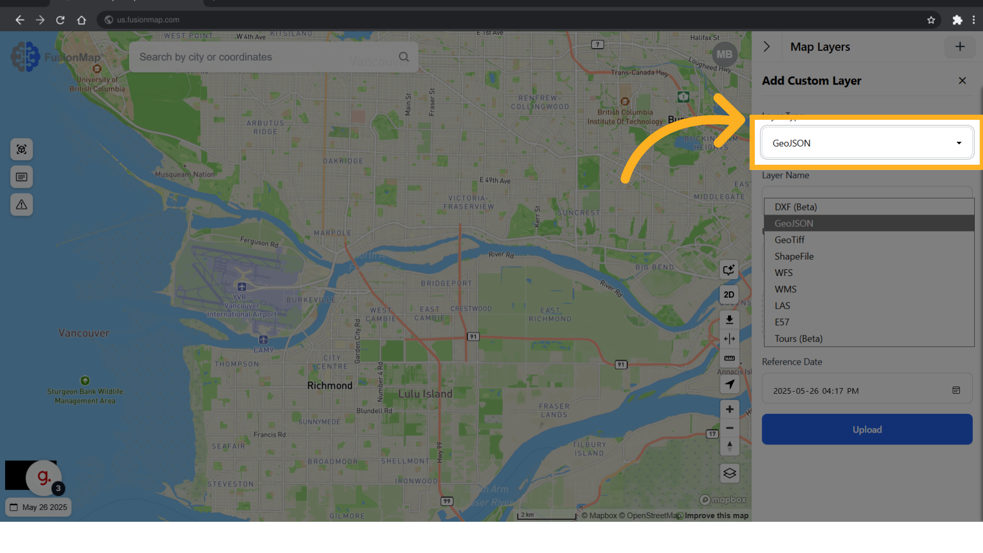 Choose GeoJSON from the Layer Type Menu