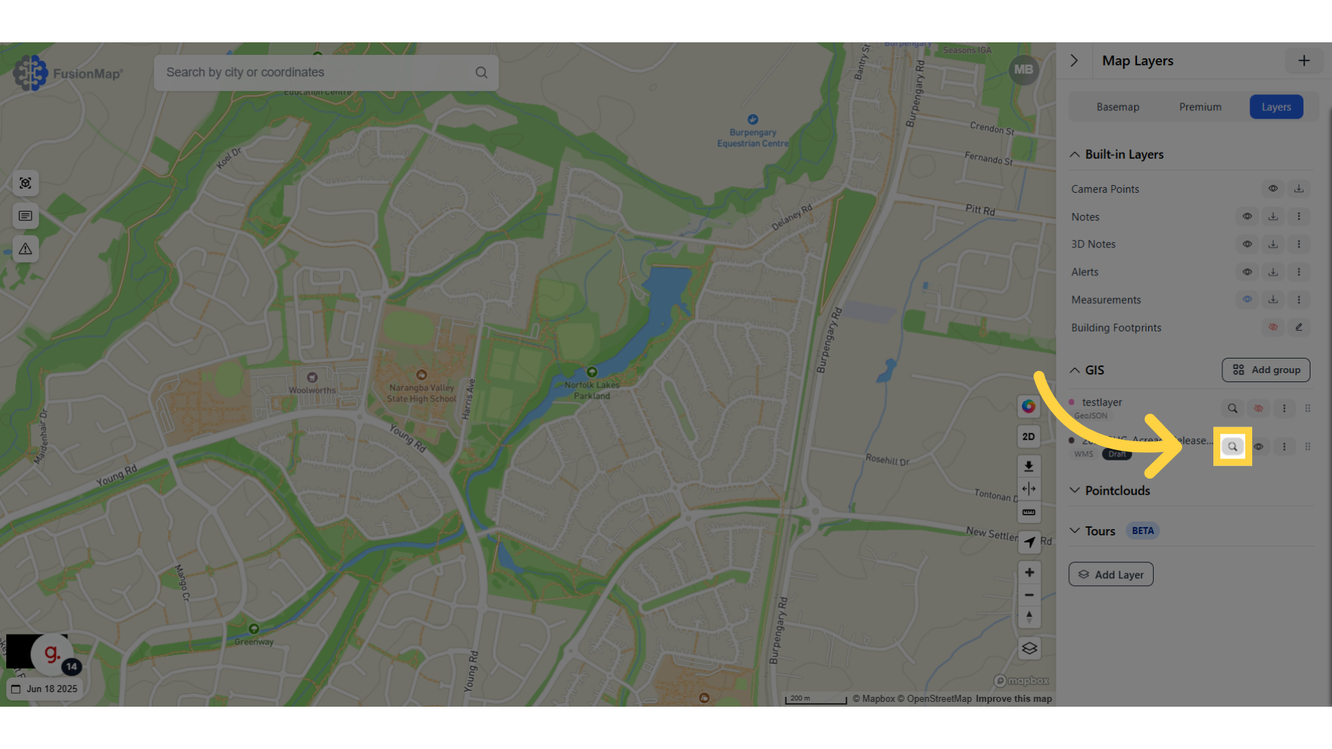 Click on the search icon to navigate to your layer