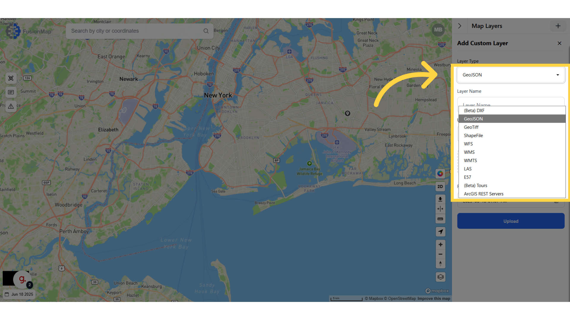 Open the drop down menu and select ArcGIS Rest Servers