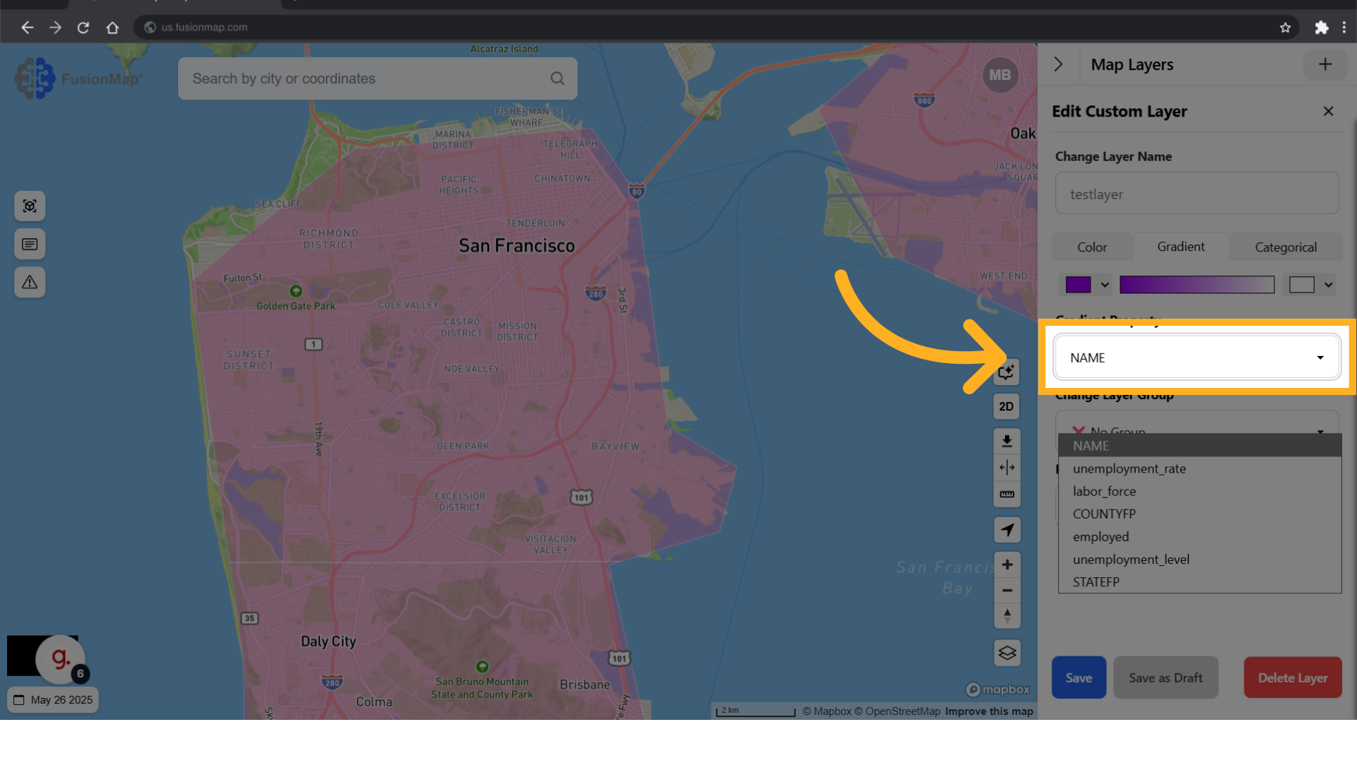 Select which property of your GeoJSON the gradient will apply to