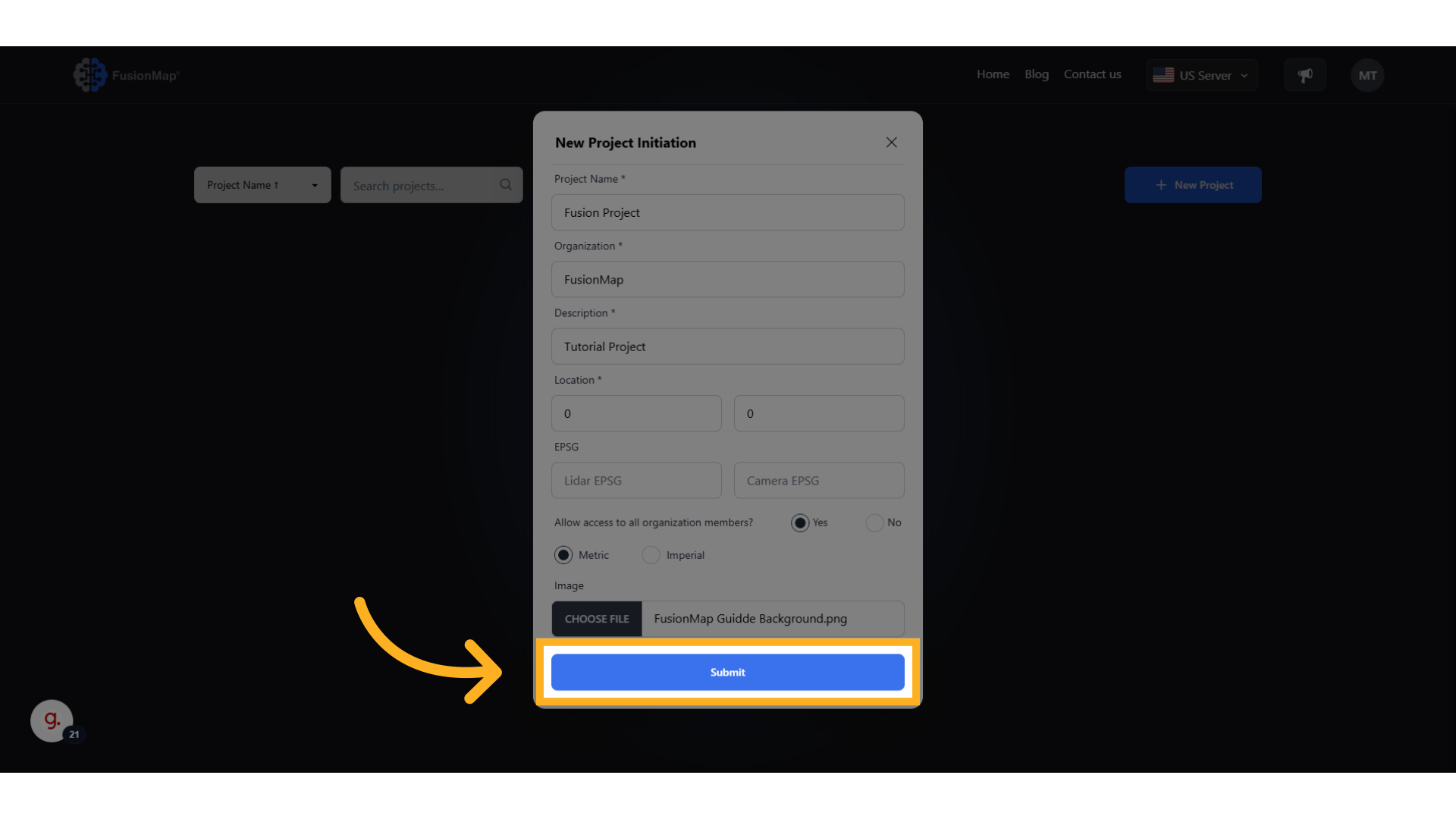 Click 'Submit' to create your project
