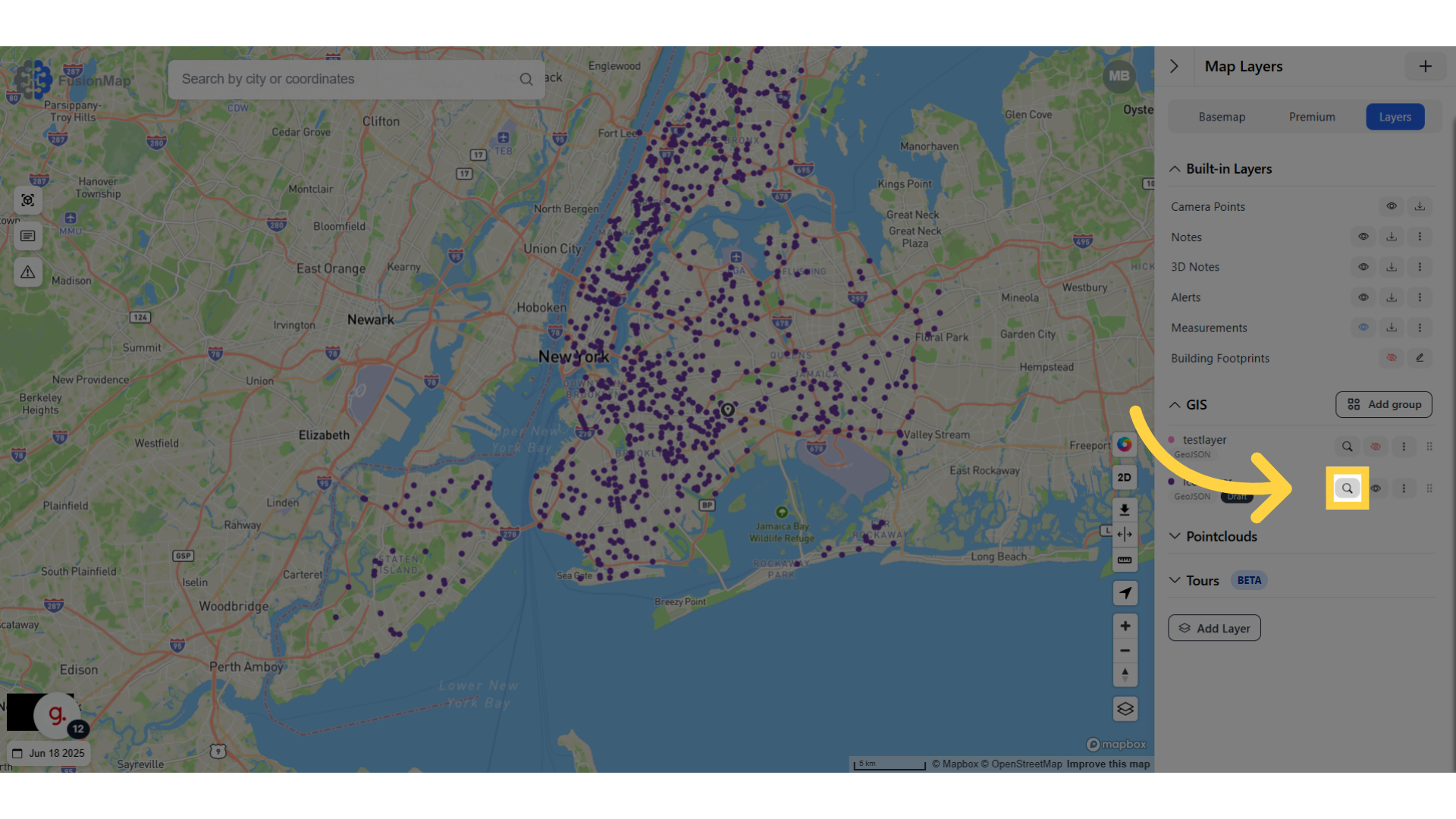 Click the search icon to navigate to your layer's location