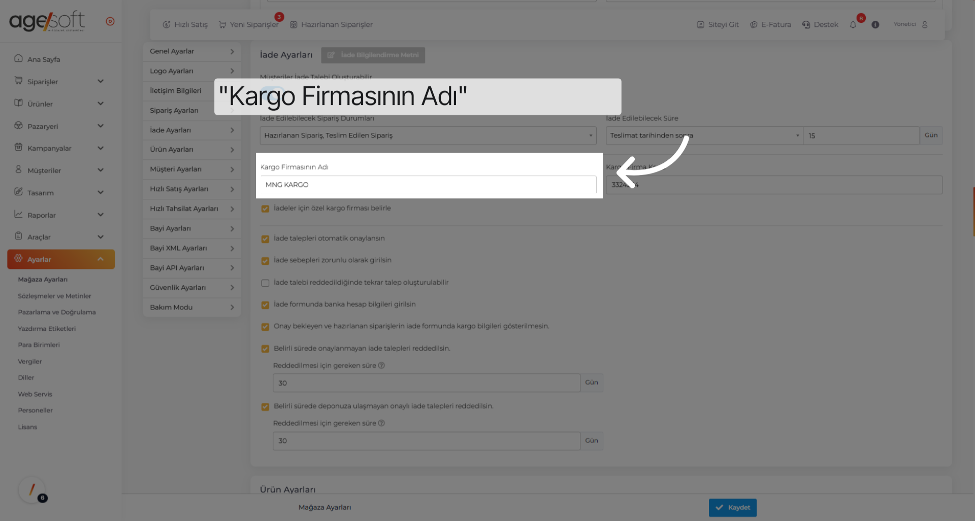 Tıklamak 'Kargo Firmasının Adı'