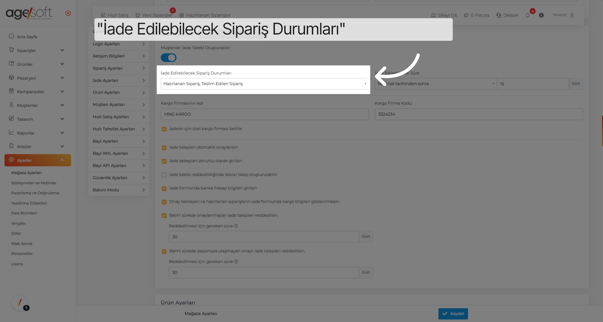 Tıklamak 'İade Edilebilecek Sipariş Durumları'