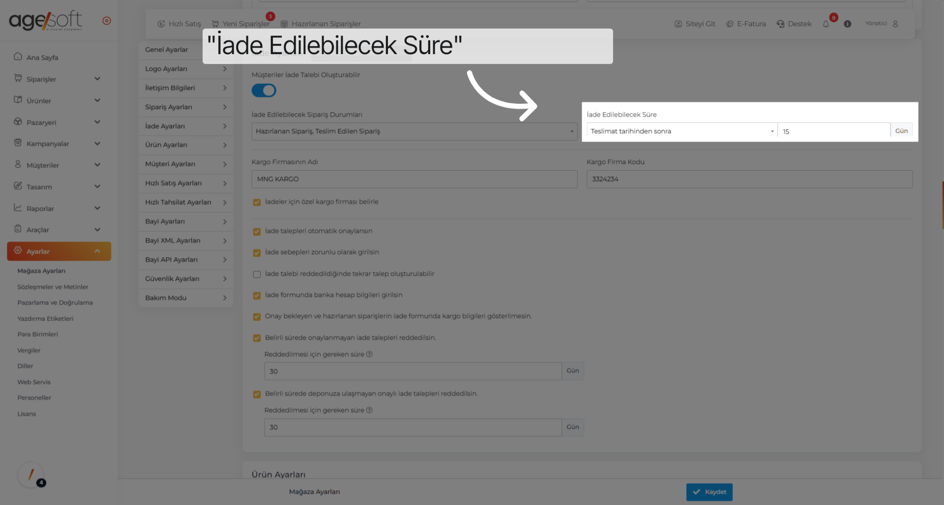 Tıklamak 'İade Edilebilecek Süre'