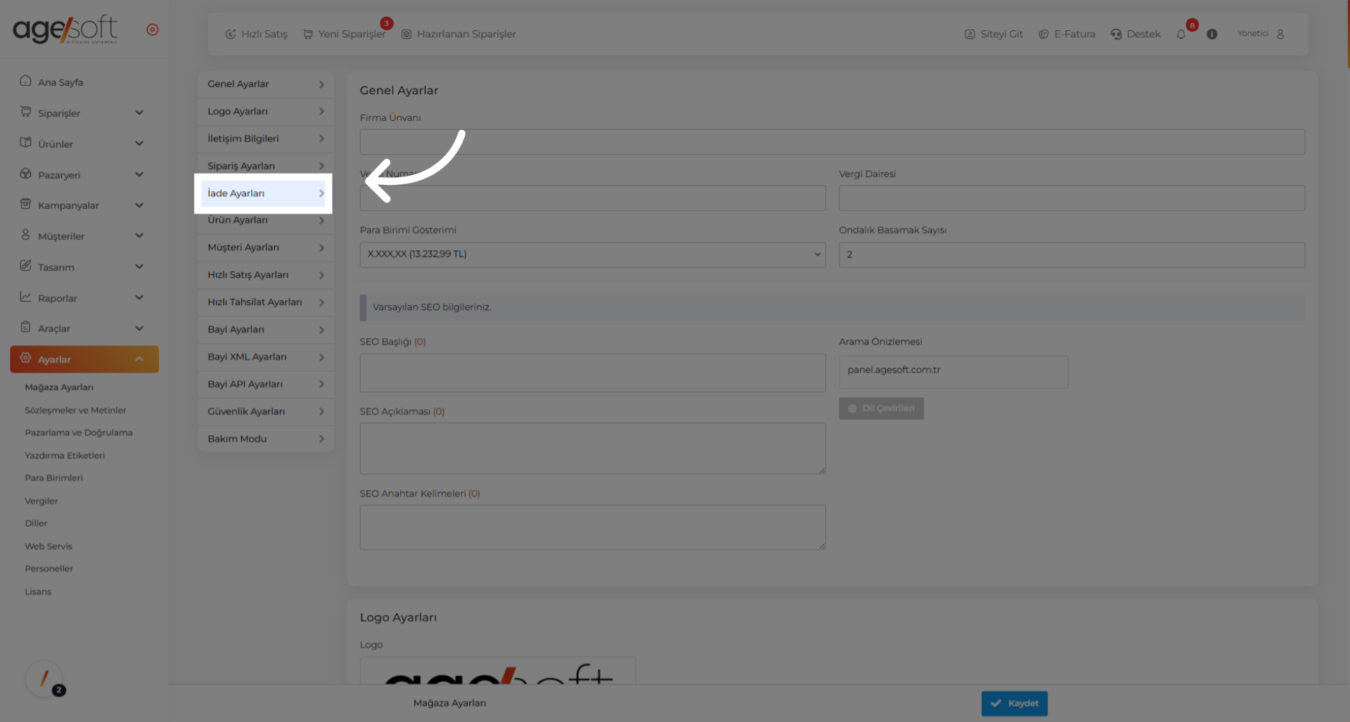 Tıklamak 'İade Ayarları'