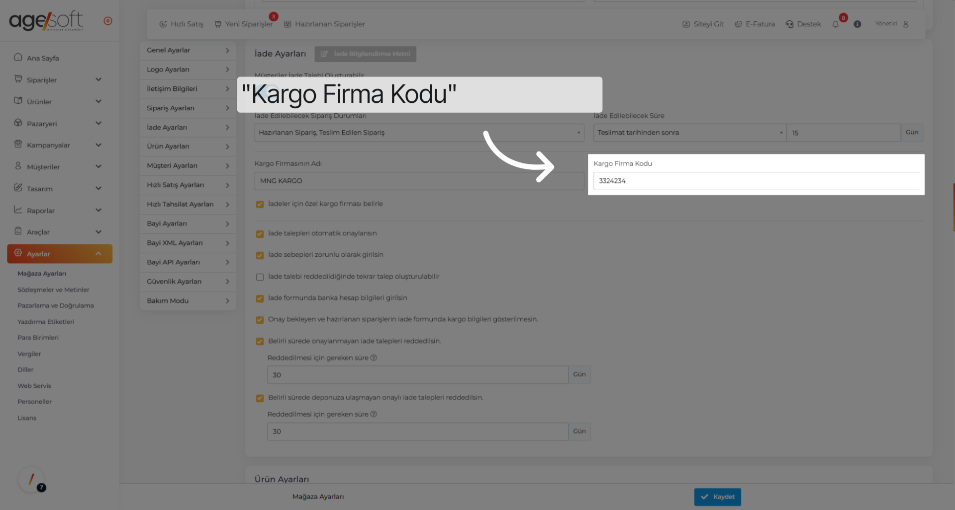 Tıklamak 'Kargo Firma Kodu'