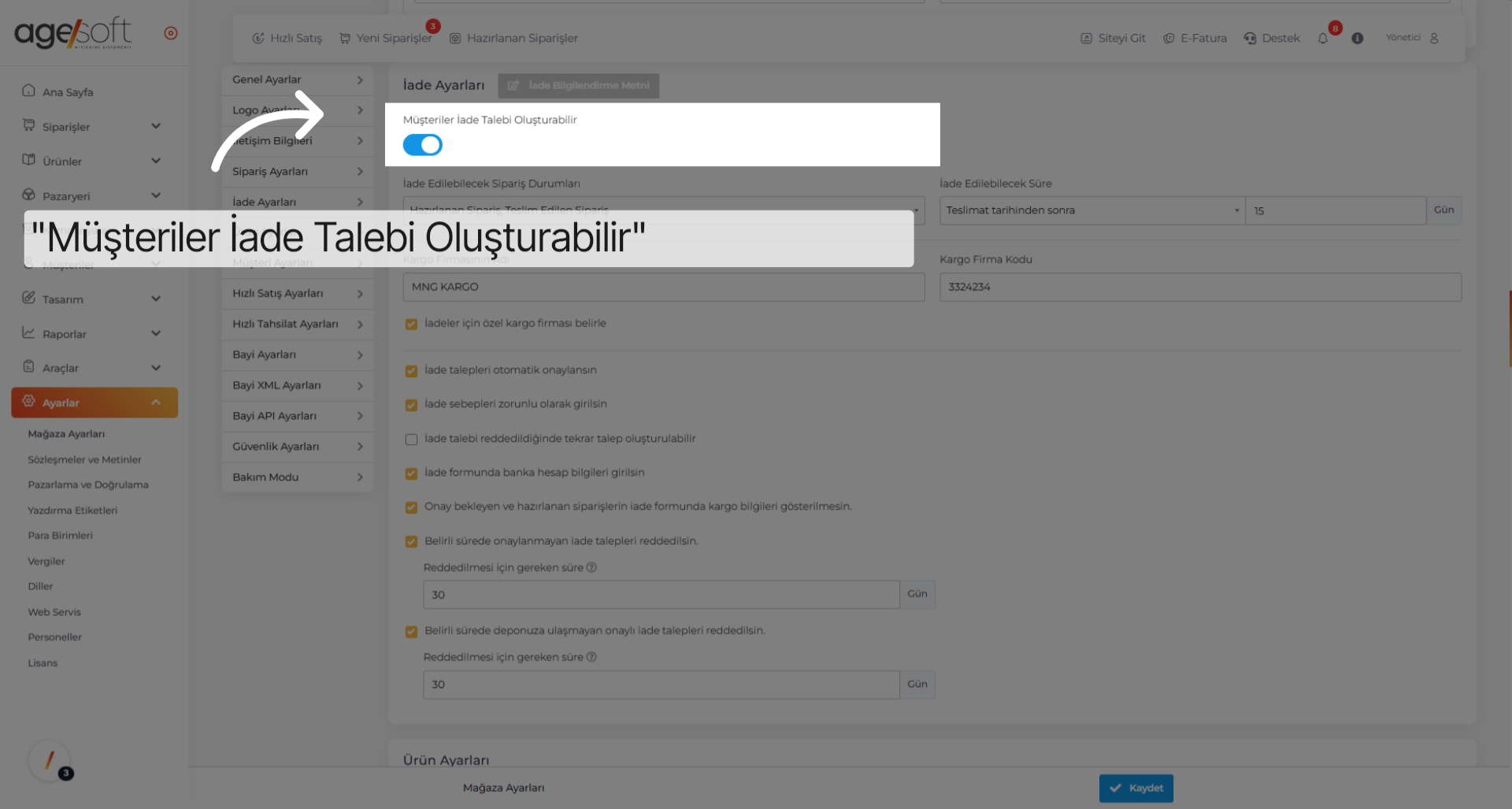 Tıklamak 'Müşteriler İade Talebi Oluşturabilir'