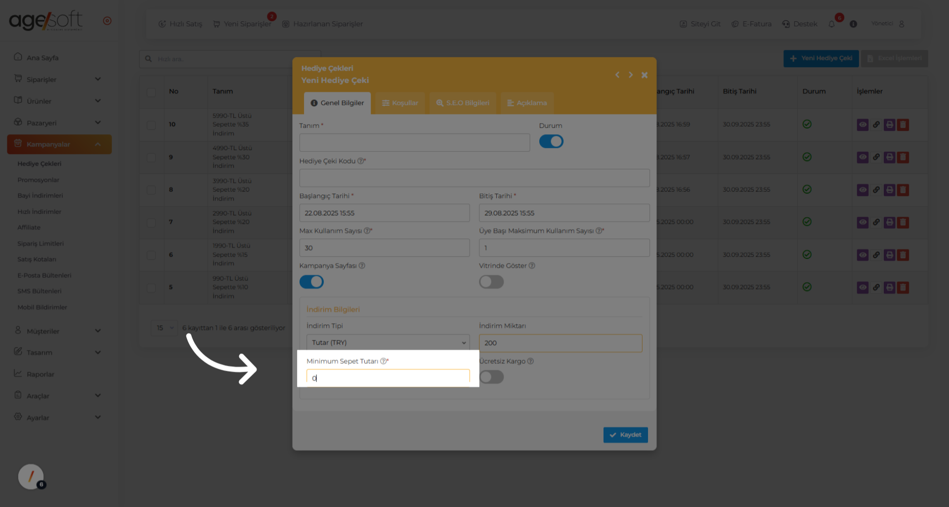 Minimum Sepet Tutarı