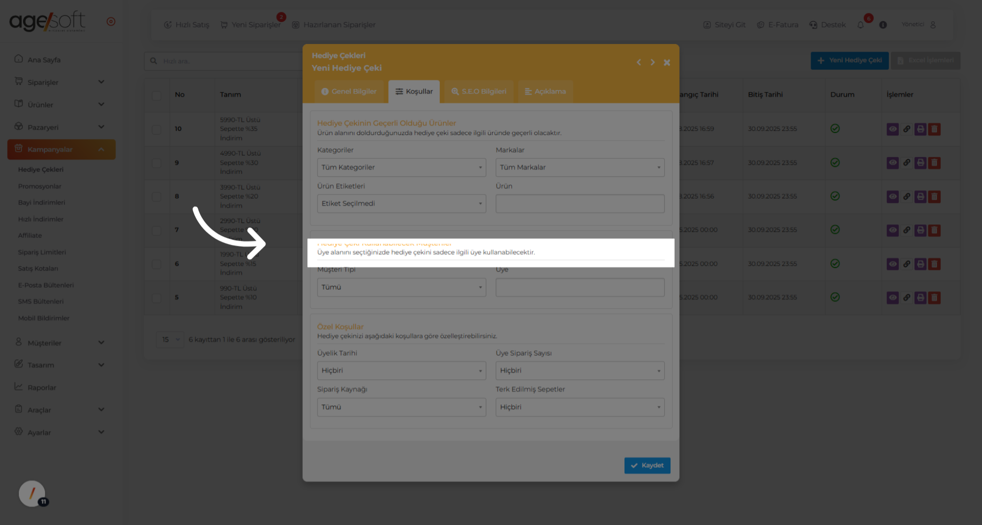 'Üye alanını seçtiğinizde hediye çekini sadece ilgili üye kullanabilecektir.'