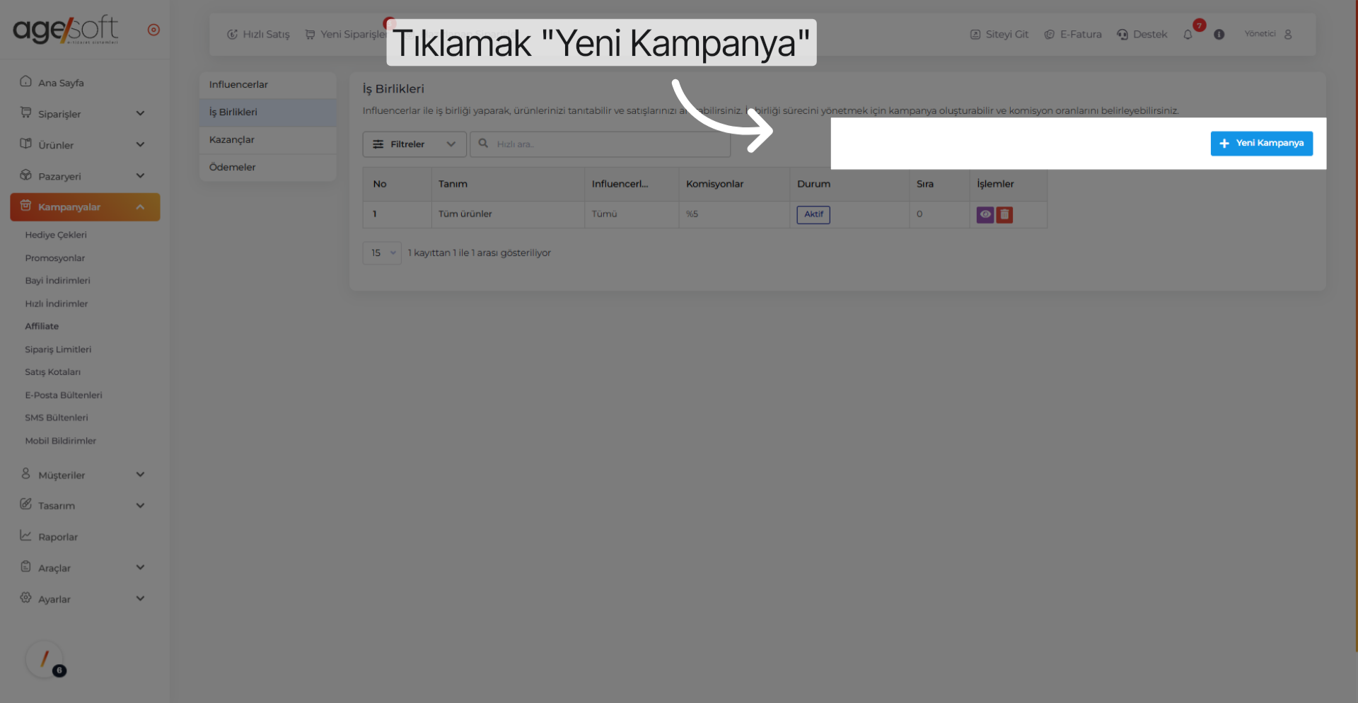 Tıklamak 'Yeni Kampanya'