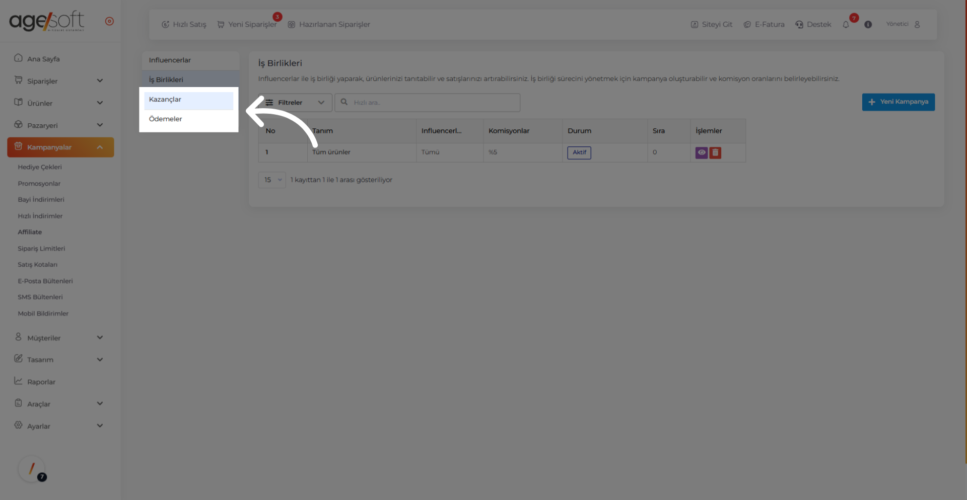 Tıklamak 'Kazançlar'