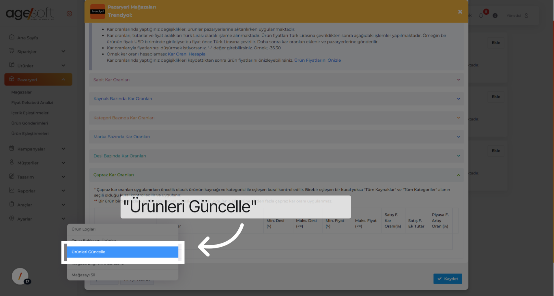 Tıklamak 'Ürünleri Güncelle'
