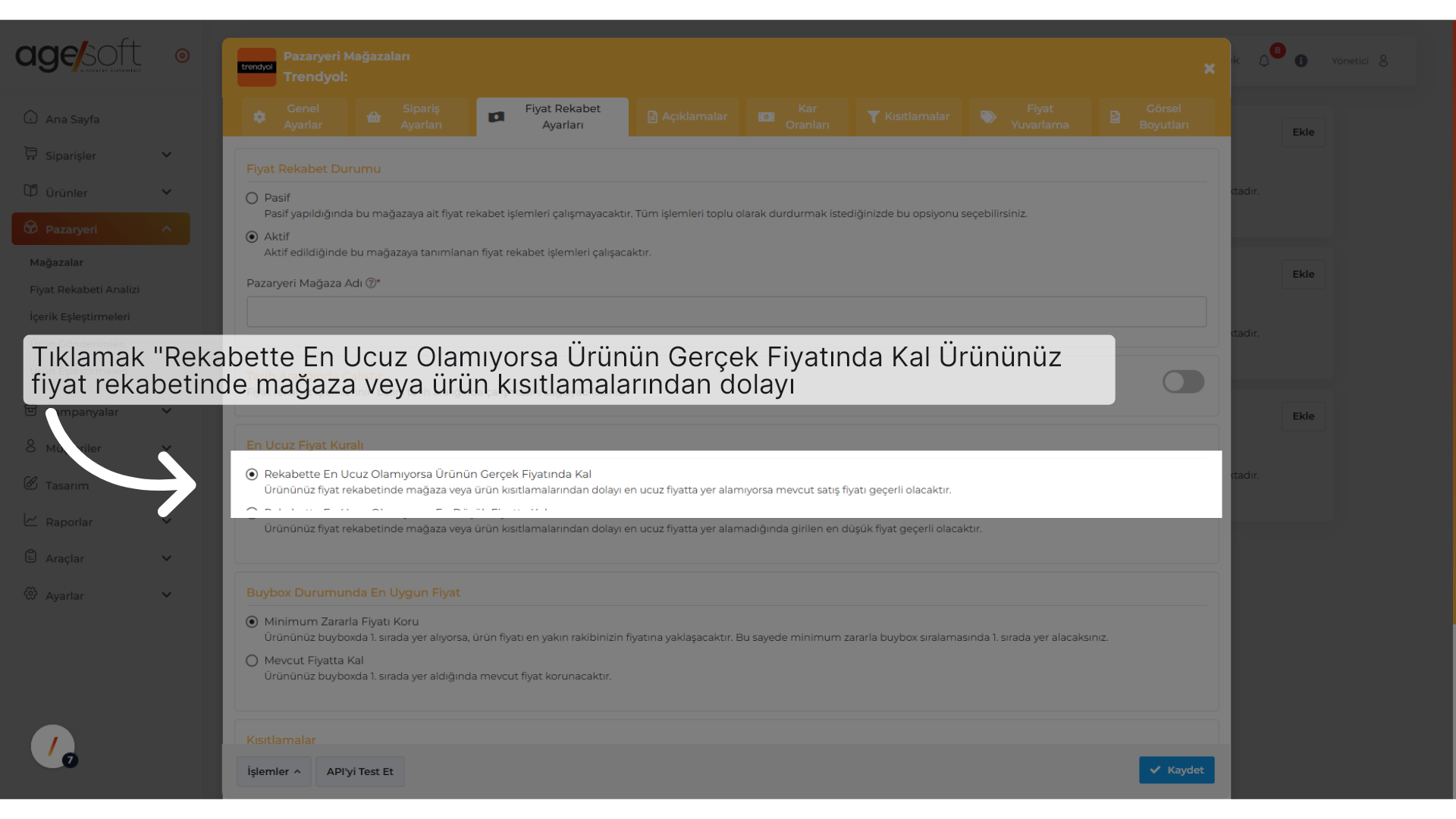'Rekabette En Ucuz Olamıyorsa Ürünün Gerçek Fiyatında Kal Ürününüz fiyat rekabetinde mağaza veya ürün kısıtlamalarından dolayıen ucuz fiyatta yer alamıyorsa mevcut satış fiyatı geçerli olacaktır.'