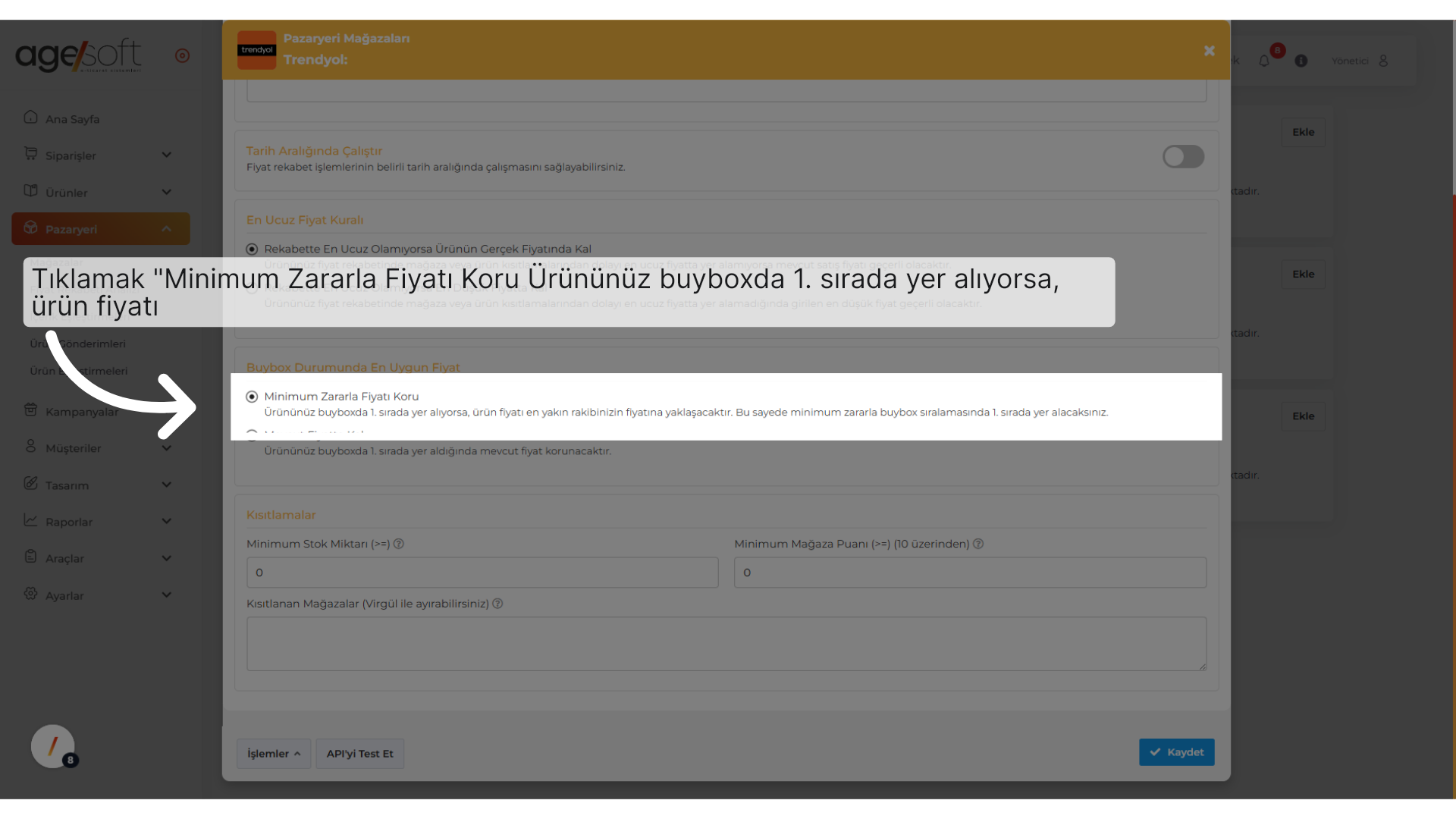 'Minimum Zararla Fiyatı Koru Ürününüz buyboxda 1. sırada yer alıyorsa, ürün fiyatıen yakın rakibinizin fiyatına yaklaşacaktır.Bu sayede minimum zararla buybox sıralamasında 1. sırada yer alacaksınız.'