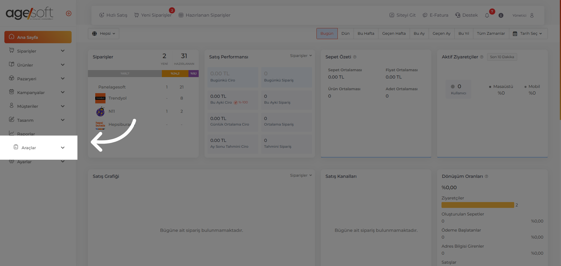 Araçlar Menüsüne Geçiş
