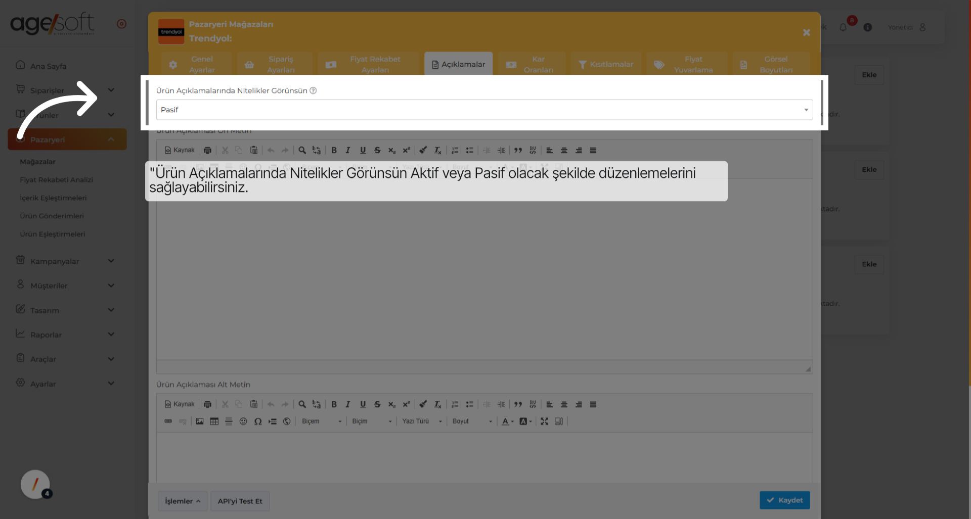 Tıklamak 'Ürün Açıklamalarında Nitelikler Görünsün'