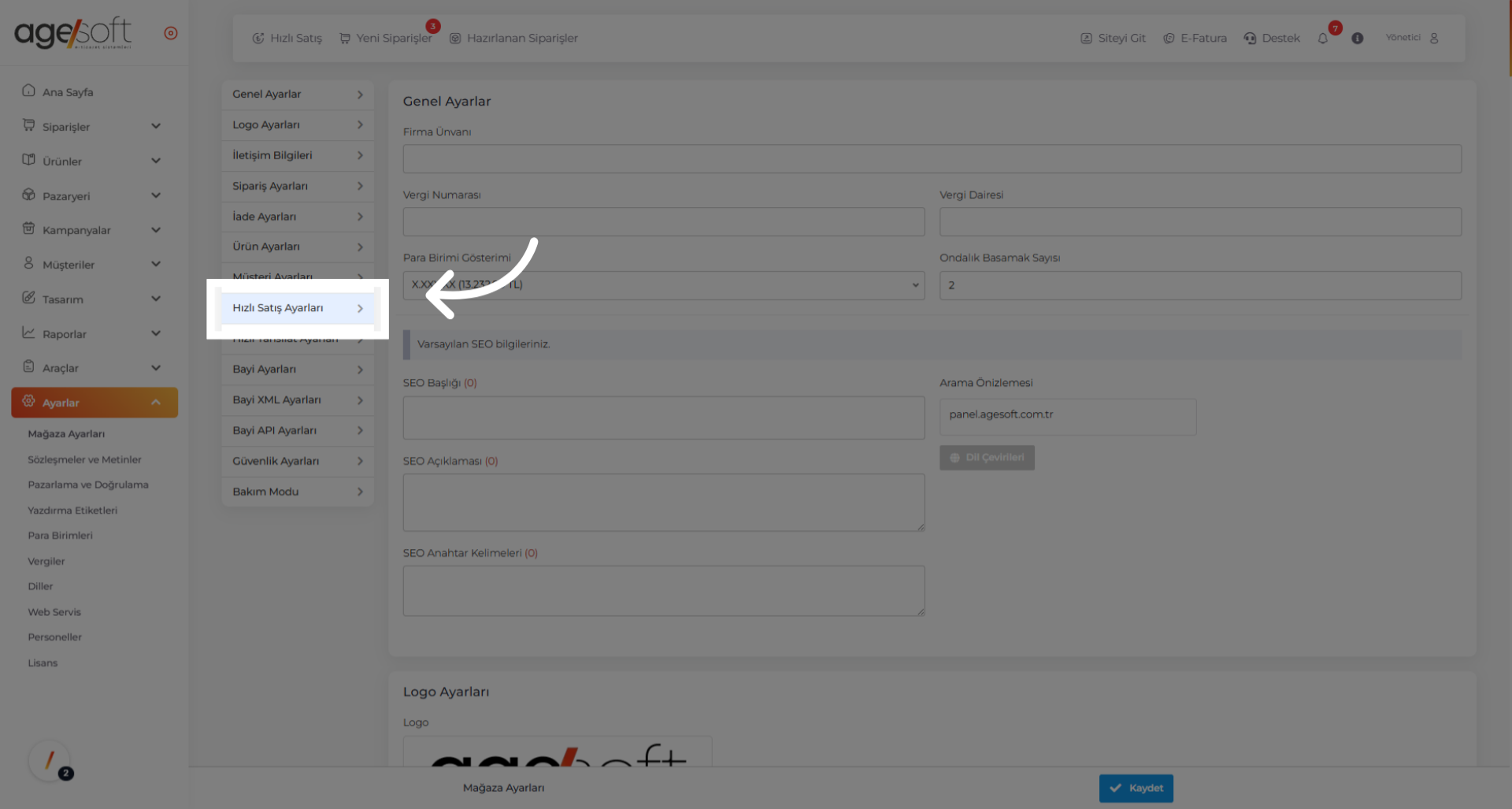 Tıklamak 'Hızlı Satış Ayarları'