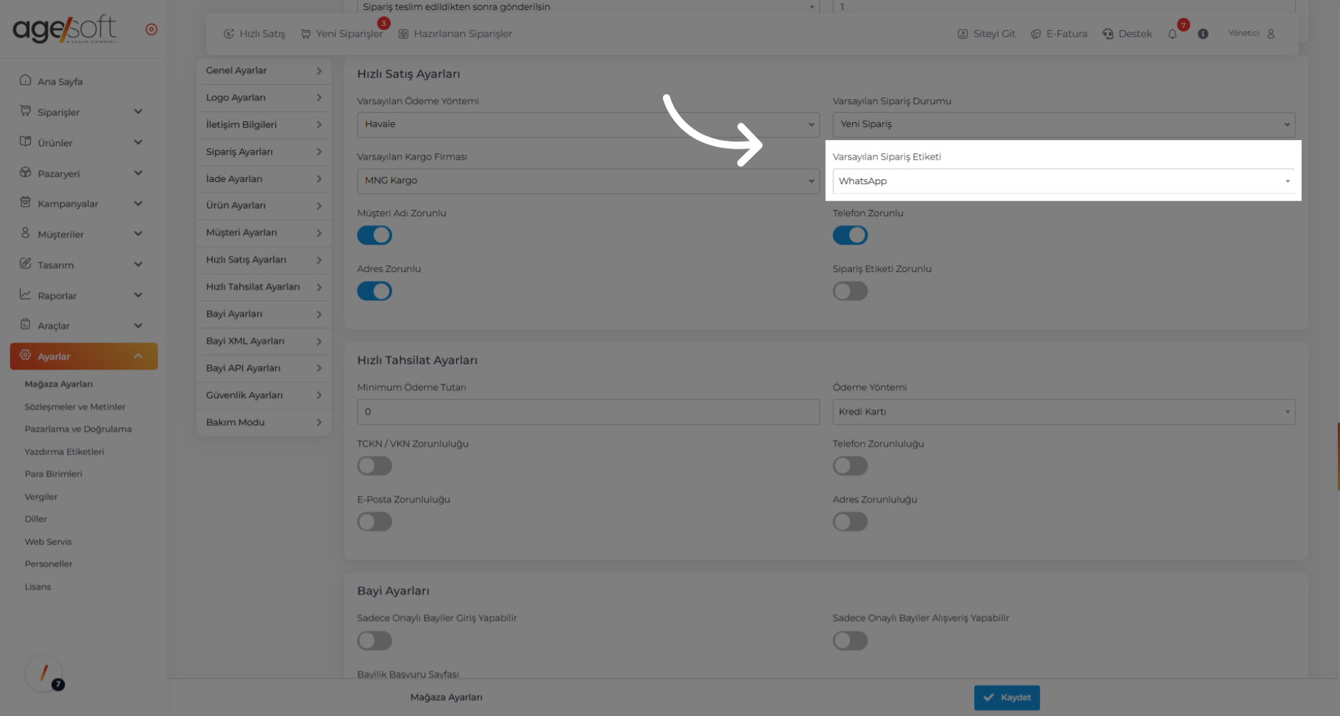 Tıklamak 'Varsayılan Sipariş Etiketi'